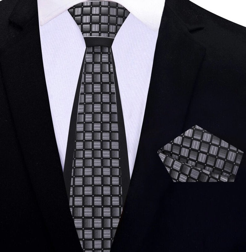 Silver and Black Geometric Thin Tie and Pocket Square