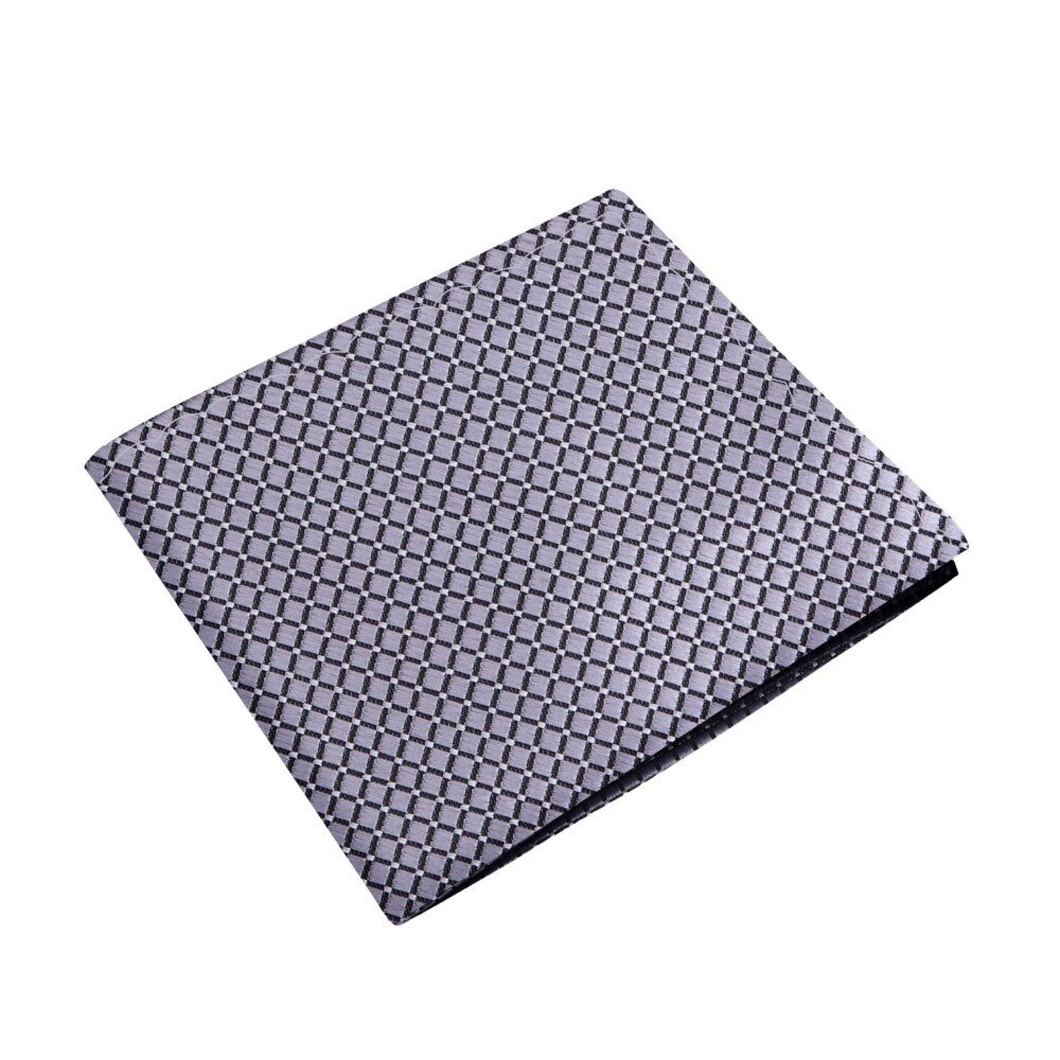 View 2: Silver, Grey Color Small Geometric with Check Pattern Silk Pocket Square