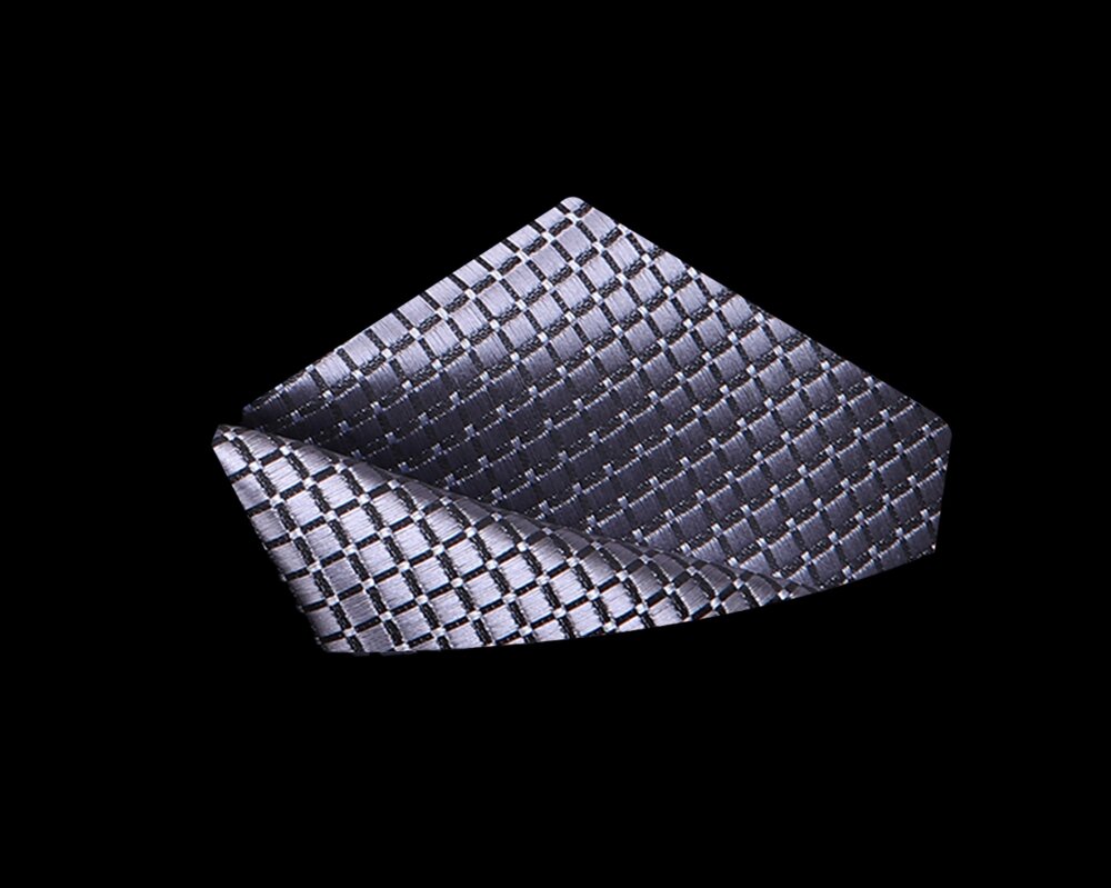 Silver, Grey Color Small Geometric with Check Pattern Silk Pocket Square||Silver, Grey