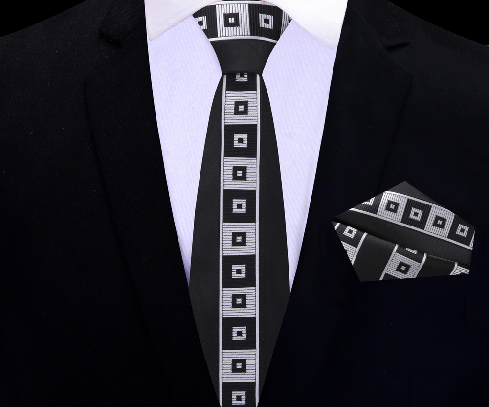 Thin Tie View: Black with Grey Blocks Tie and Pocket Square