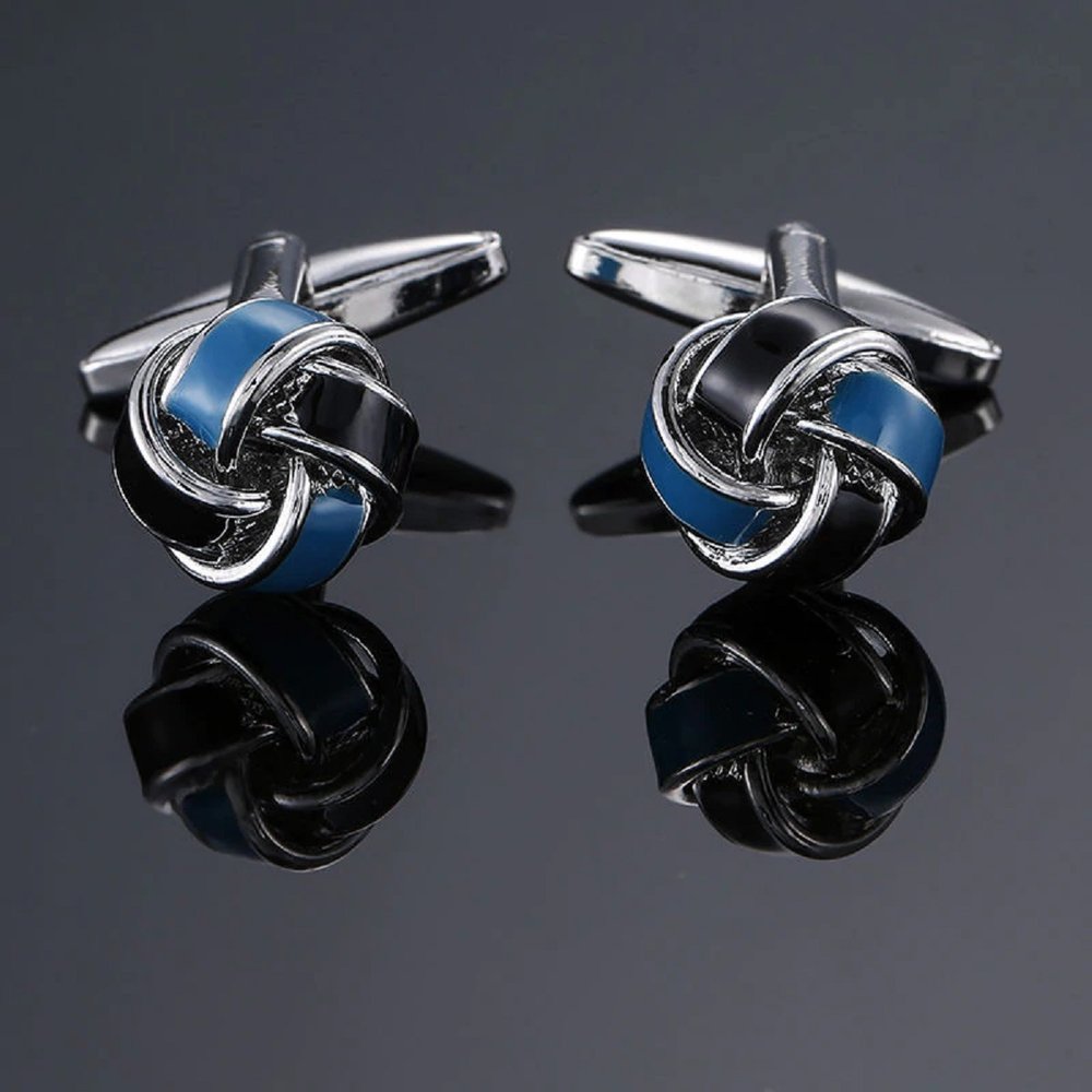 A Silver and Blue Colored Knot Cuff-links||Silver with Blue Center