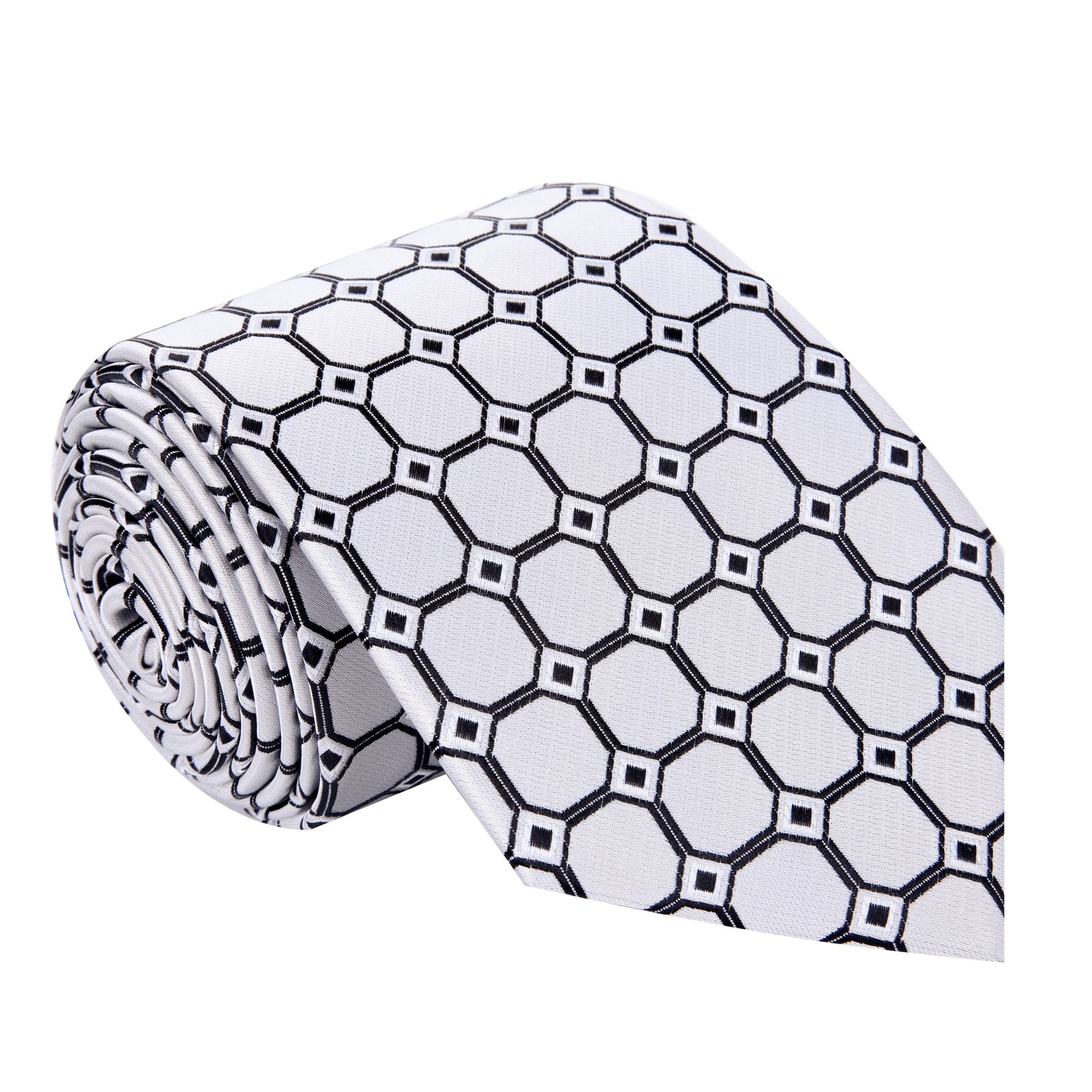 An Icy Silver, White, Black Geometric Squares With Small Diamonds Pattern Silk Necktie, 