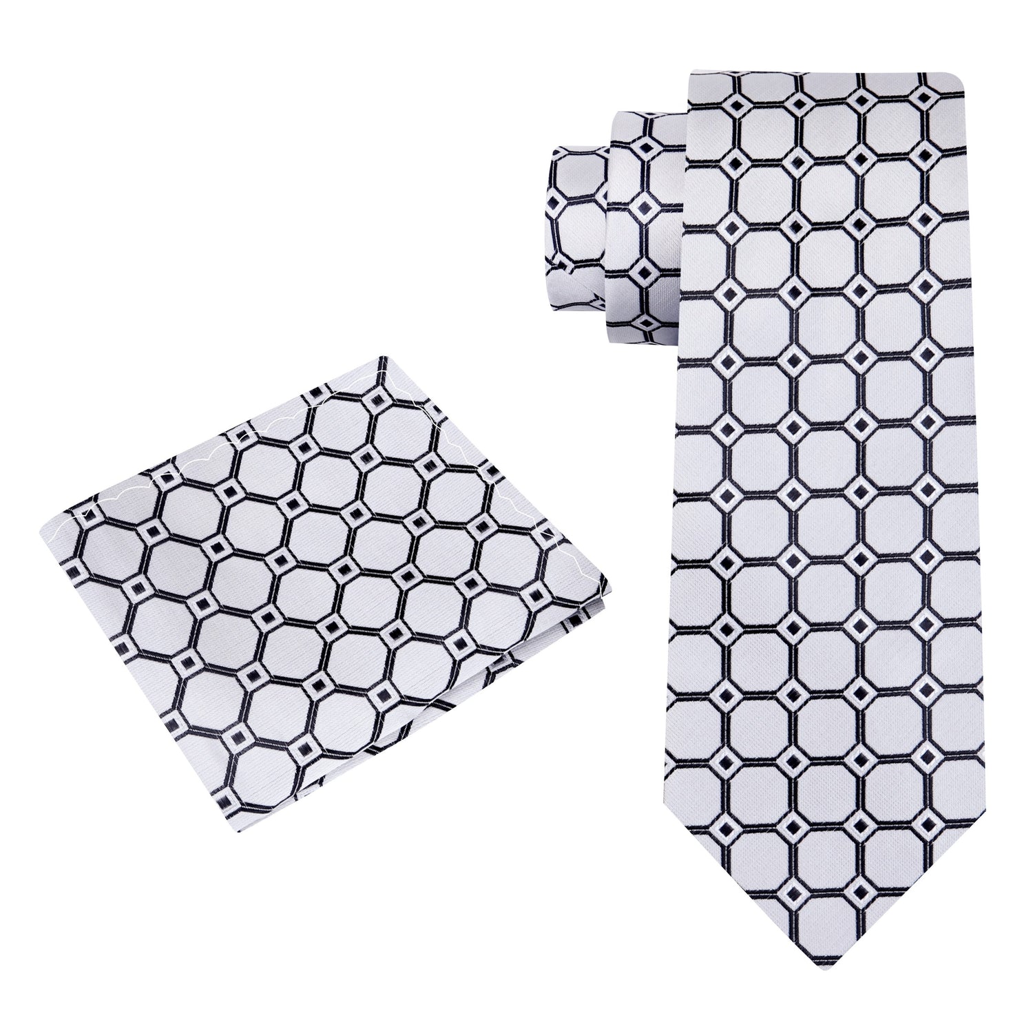 View 2 An Icy Silver, White, Black Geometric Squares With Small Diamonds Pattern Silk Necktie, Matching Pocket Square