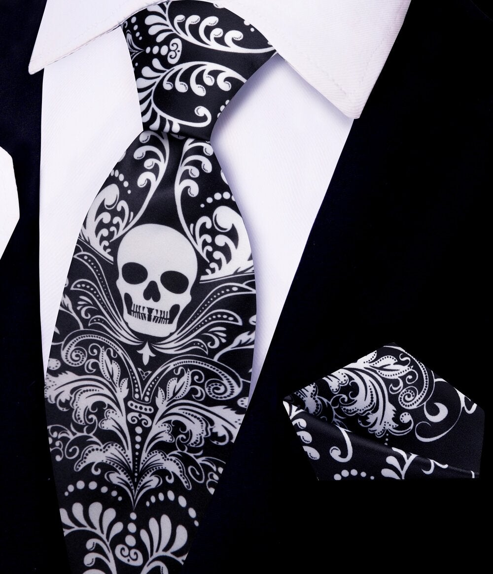 Black Light Grey Skull Tie and Pocket Square