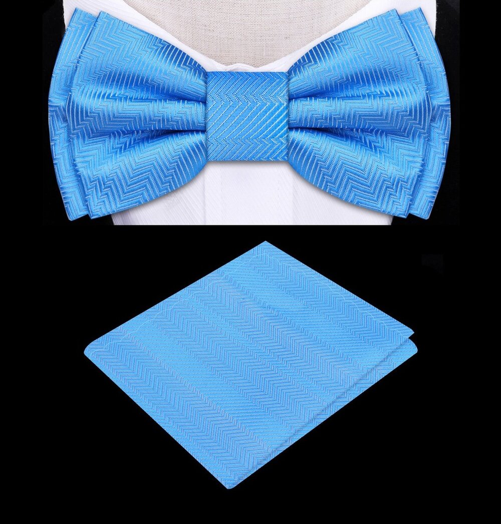 Sky Blue With Lined Texture Bow Tie and Pocket Square