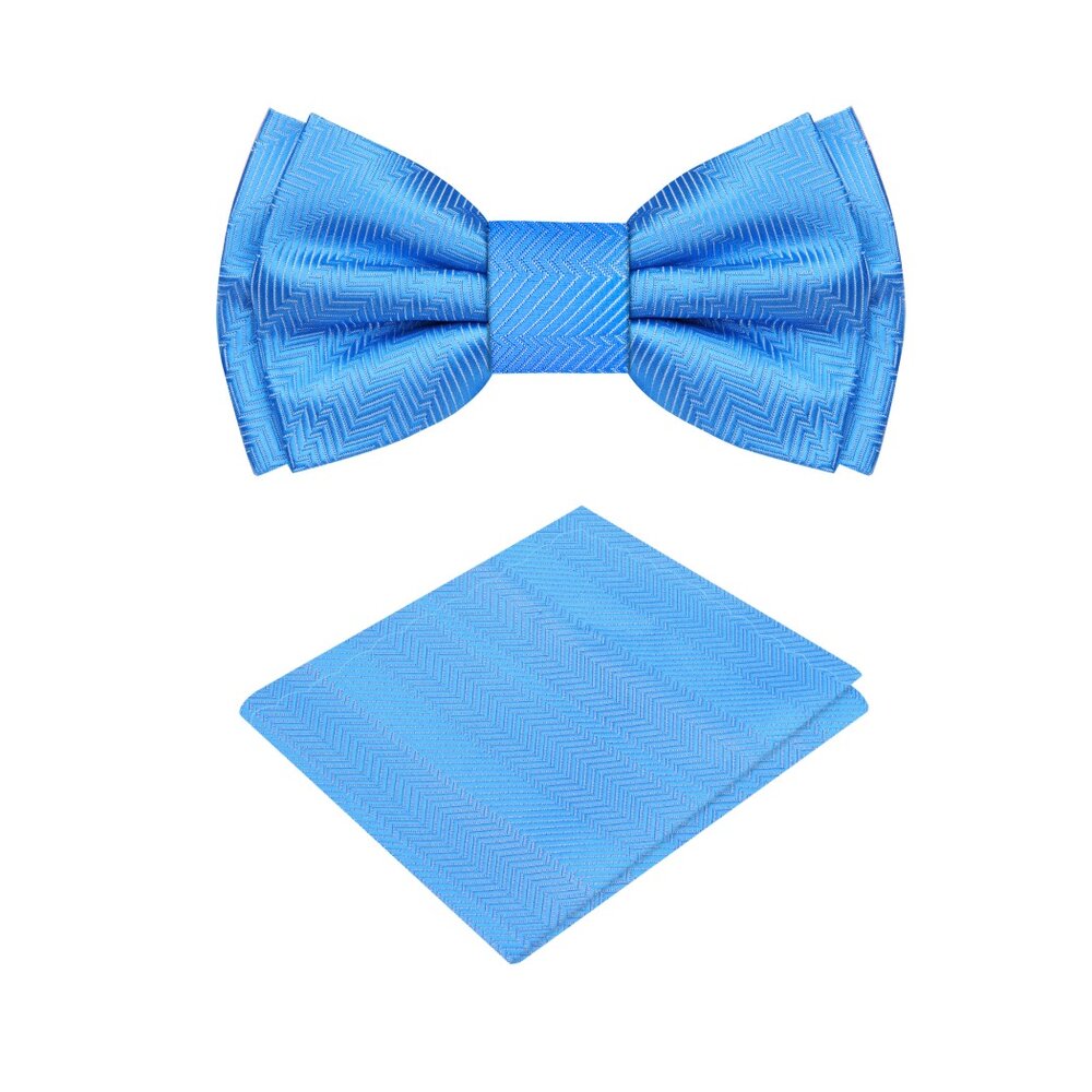 A Solid Sky Blue Pattern Silk Self Tie Bow Tie, Matching Pocket Square||Sky Blue