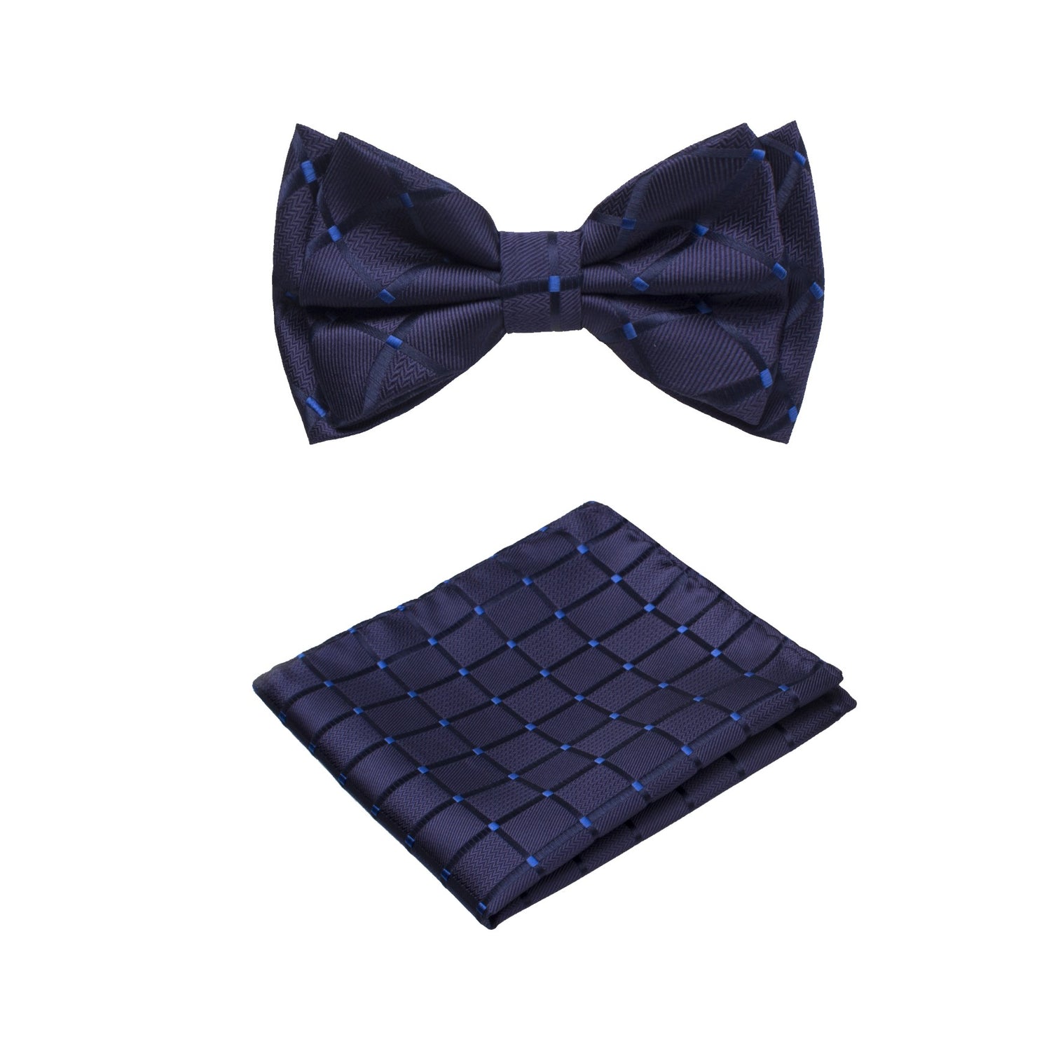 Main View: A Dark Blue With Geometric Check Texture Pattern Silk Kids Pre-Tied Bow Tie, Matching Pocket Square