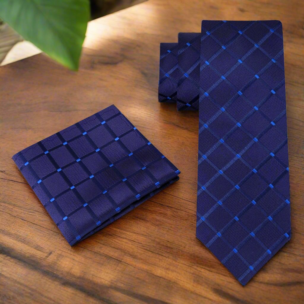 Alt View: A Deep Blue With Geometric Texture Pattern Silk Necktie, Matching Pocket Square