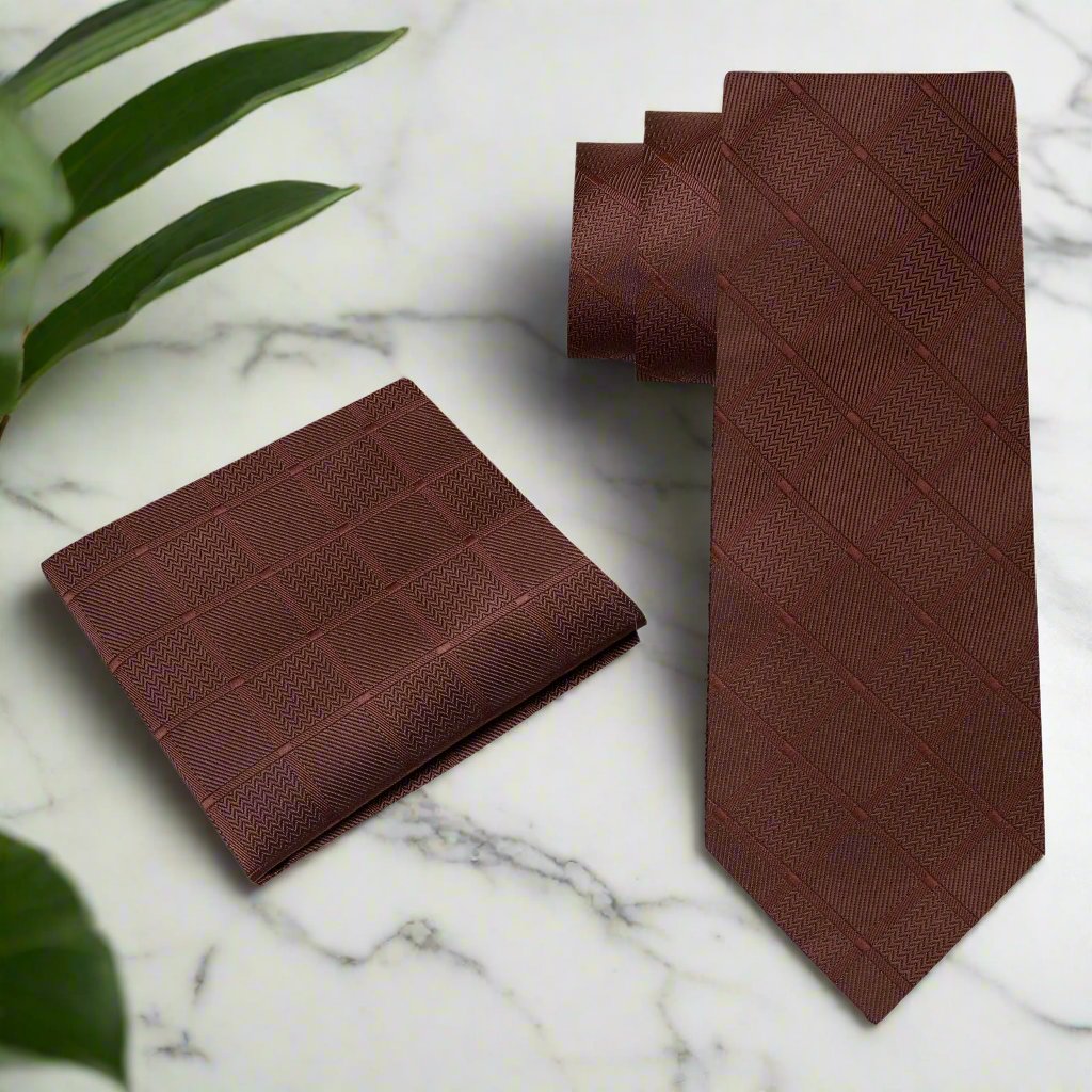 Alt View: A Brown With Geometric Texture Pattern Silk Necktie, Matching Pocket Square