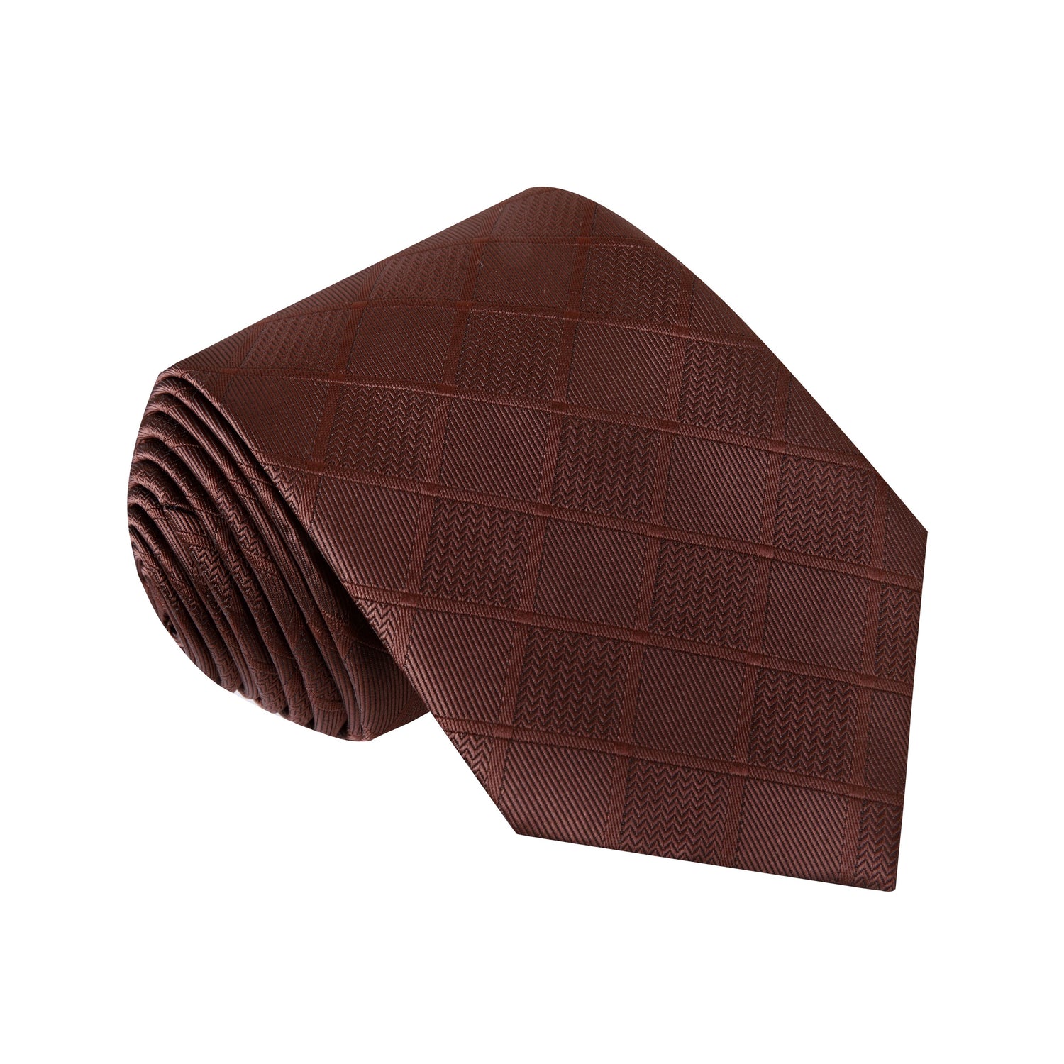 A Brown With Geometric Texture Pattern Silk Necktie v