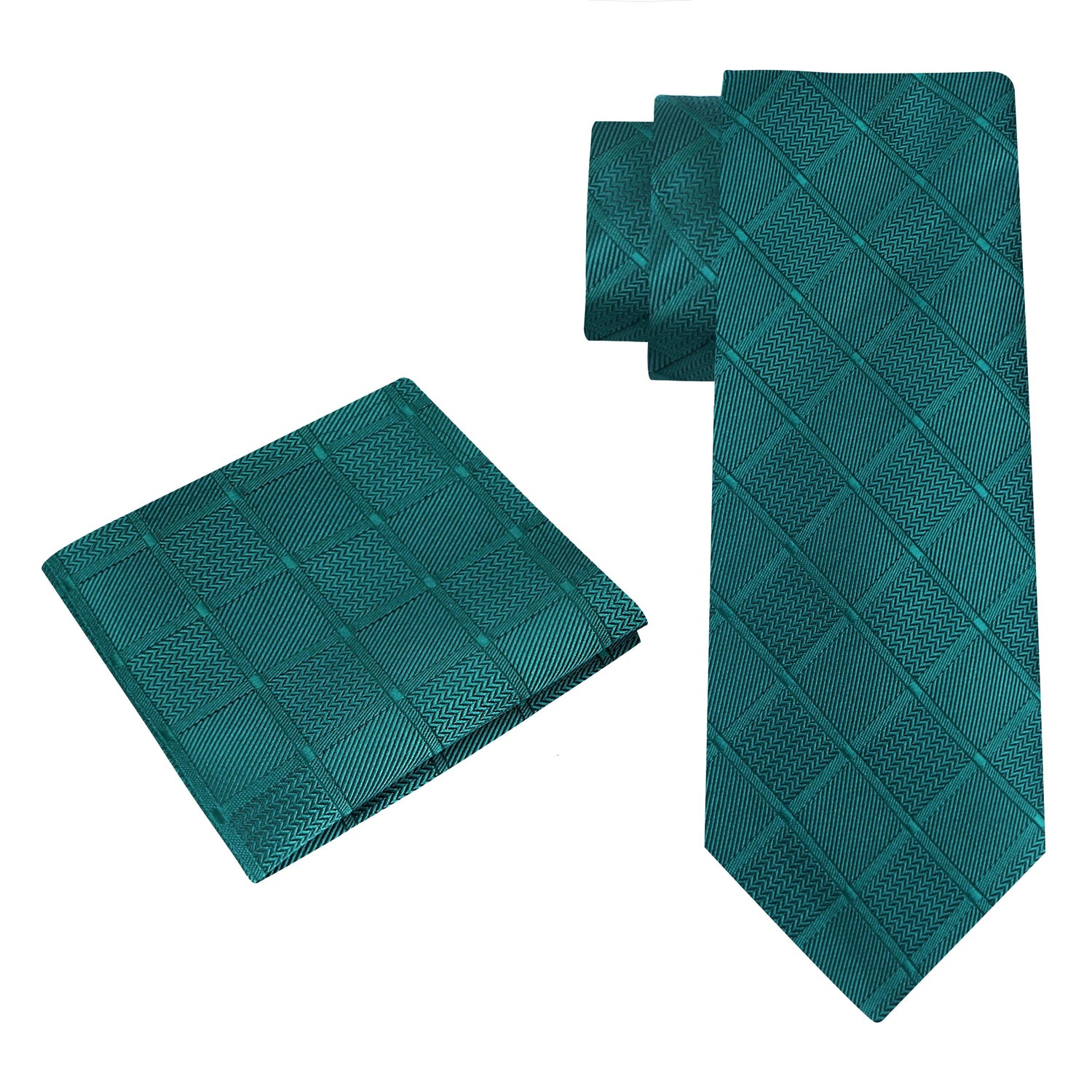 Alt View: A Green With Geometric Texture Pattern Silk Necktie, Matching Pocket Square
