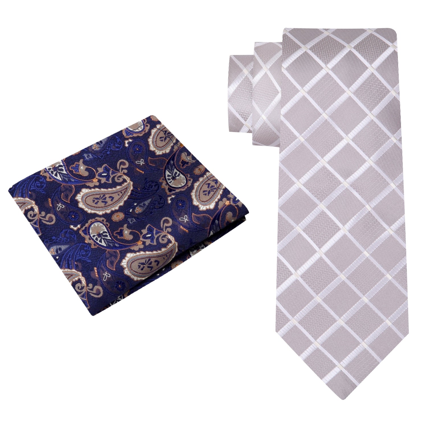 Alt View: Pearl Geometric Tie and Accenting Blue and Brown Paisley Pocket Square