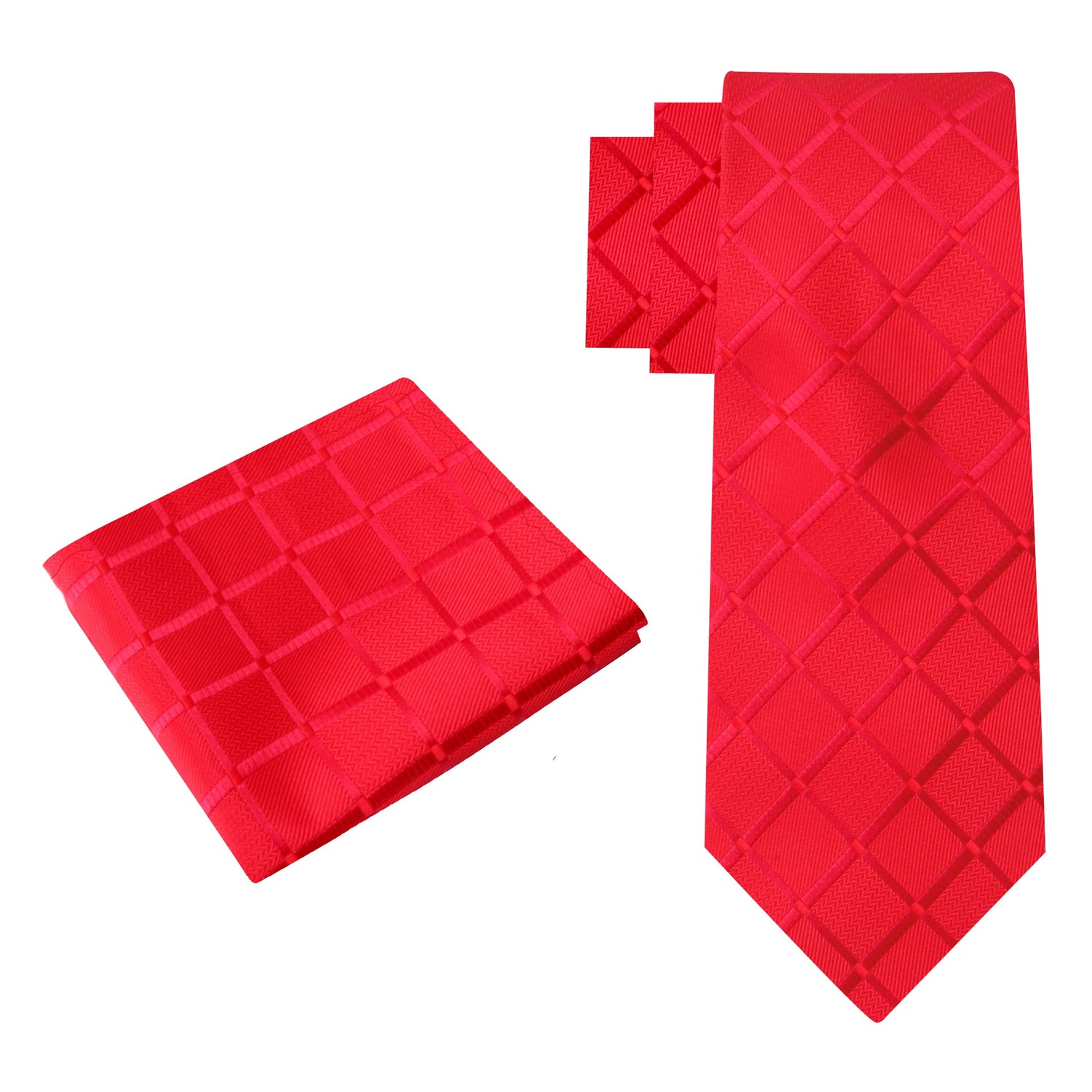 Alt View: A Bright Red With Geometric Texture Pattern Silk Necktie and Pocket Square