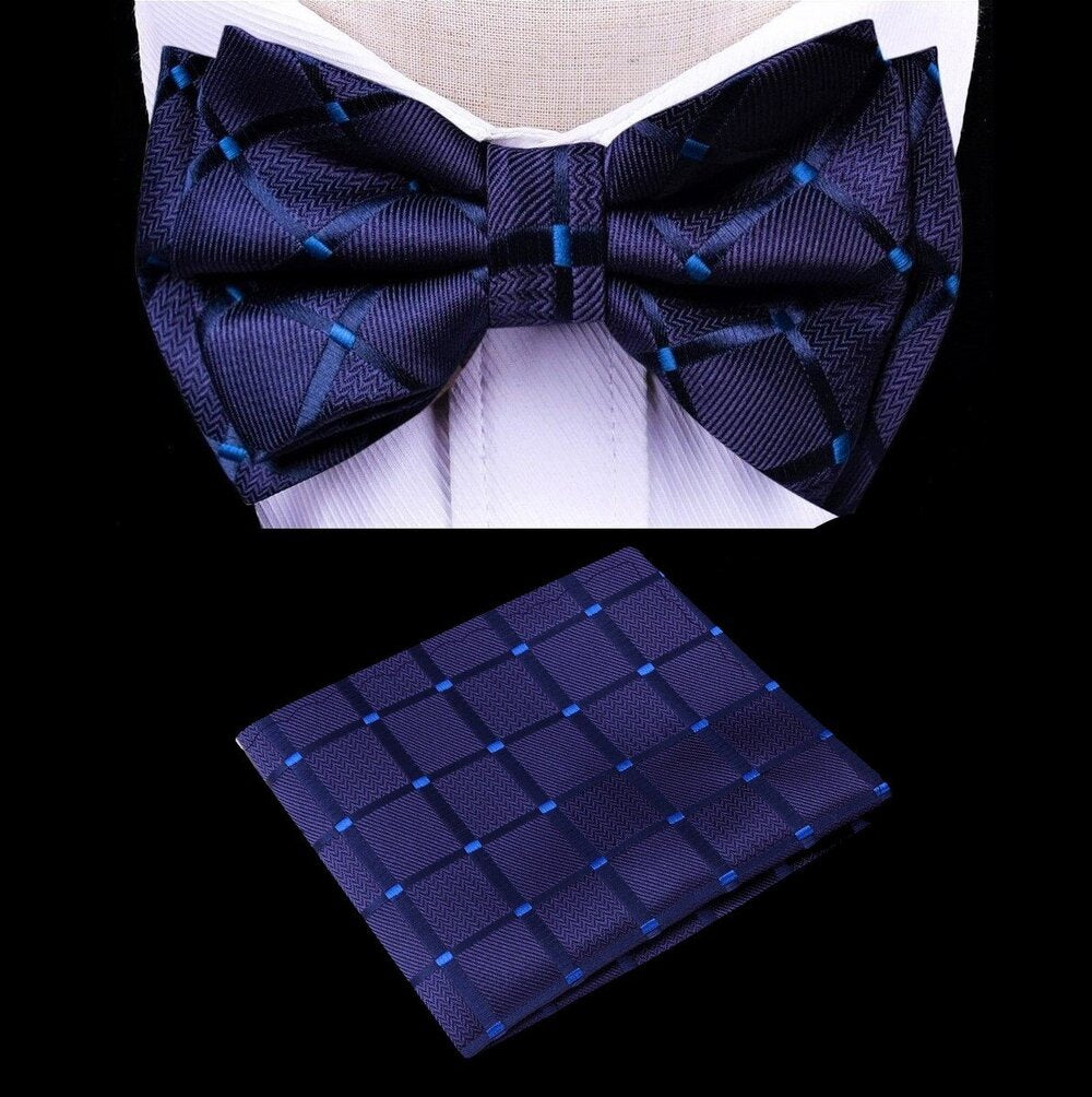 A Dark Blue With Geometric Check Texture Pattern Silk Kids Pre-Tied Bow Tie, Matching Pocket Square