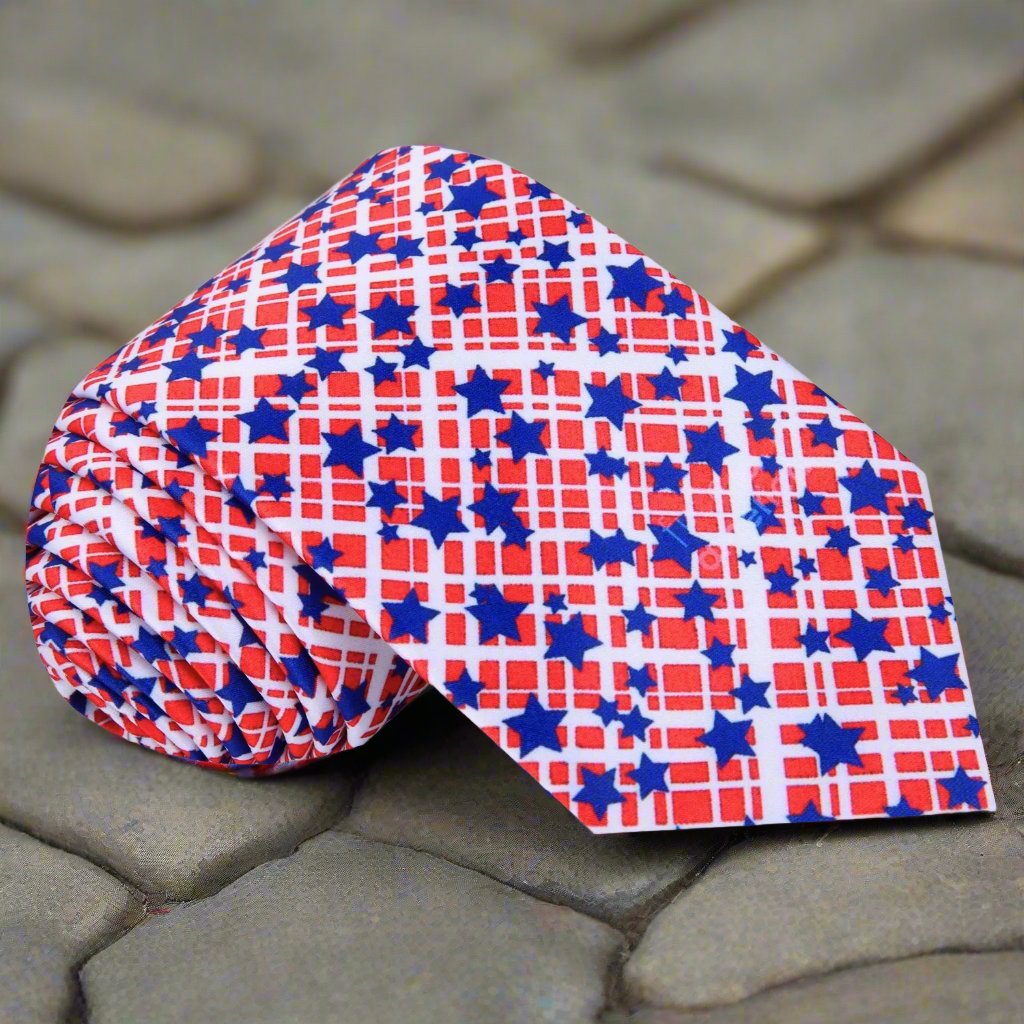 Red, Blue, White Check And Stars Tie a 