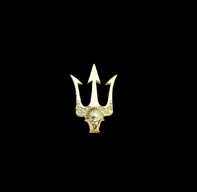 A Small Gold Colored Trident Shaped Lapel Pin