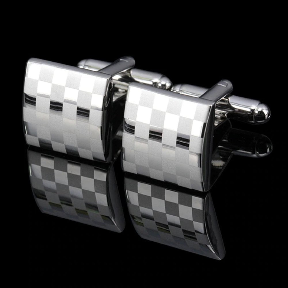 A Chrome, Silver Colored Square Shape with Check pattern Cuff-links