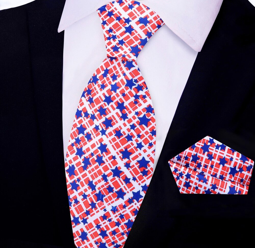 Red, Blue, White Check And Stars Tie and Pocket Square