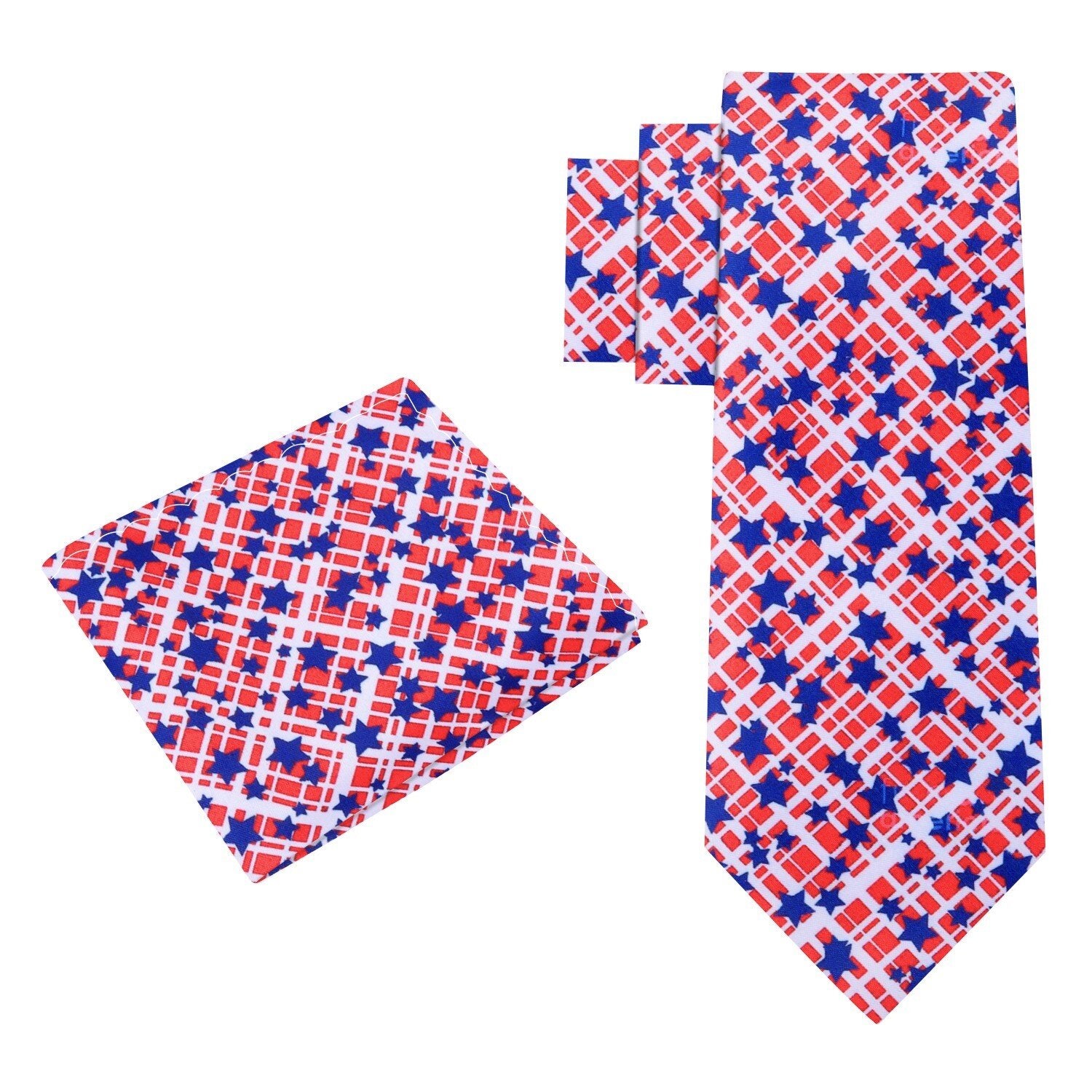 Alt View: Red, Blue, White Check And Stars Tie and Pocket Square