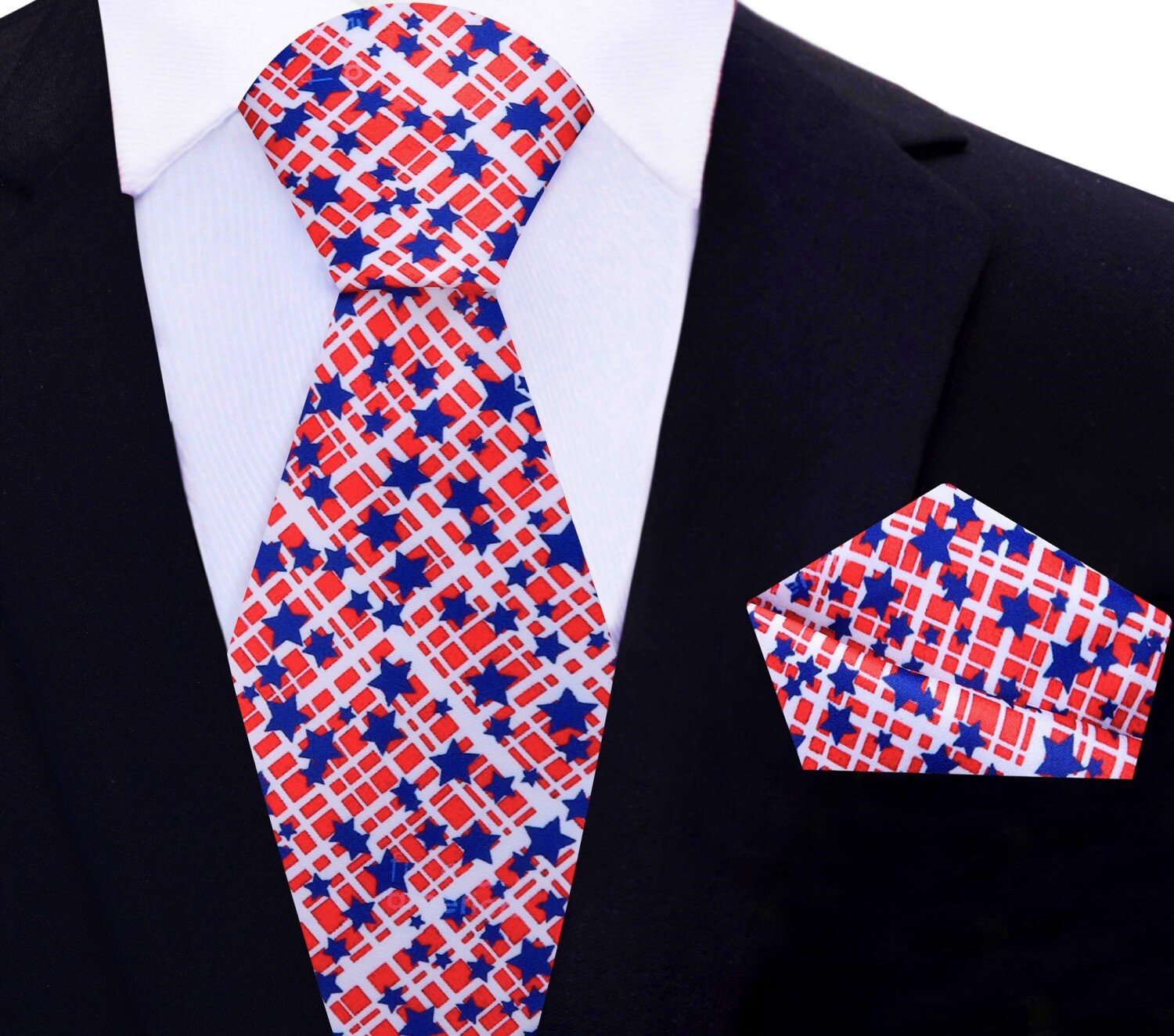Main View: Red, Blue, White Check And Stars Tie and Pocket Square