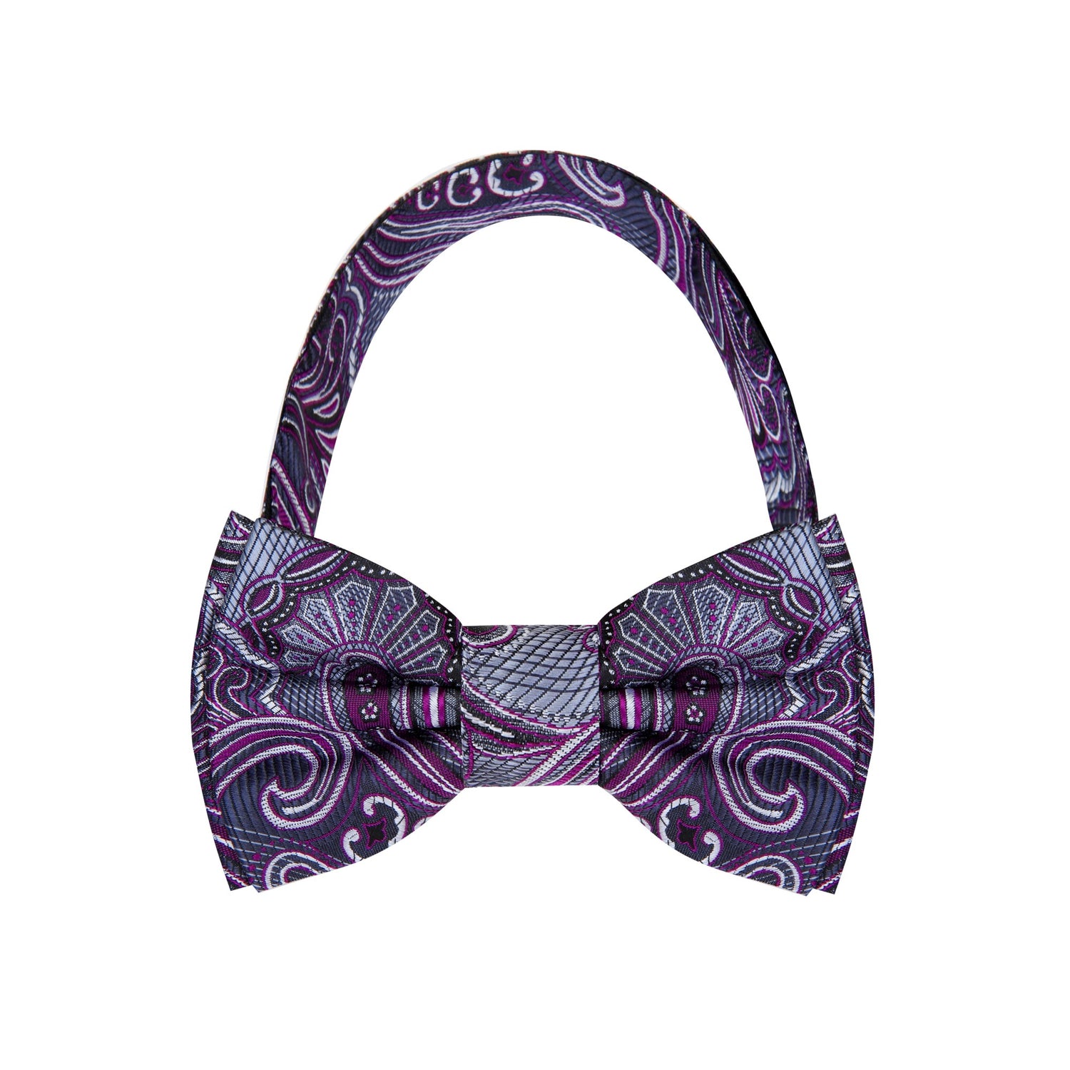 Pre Tied; Smokey Grey Purple Paisley Bow Tie