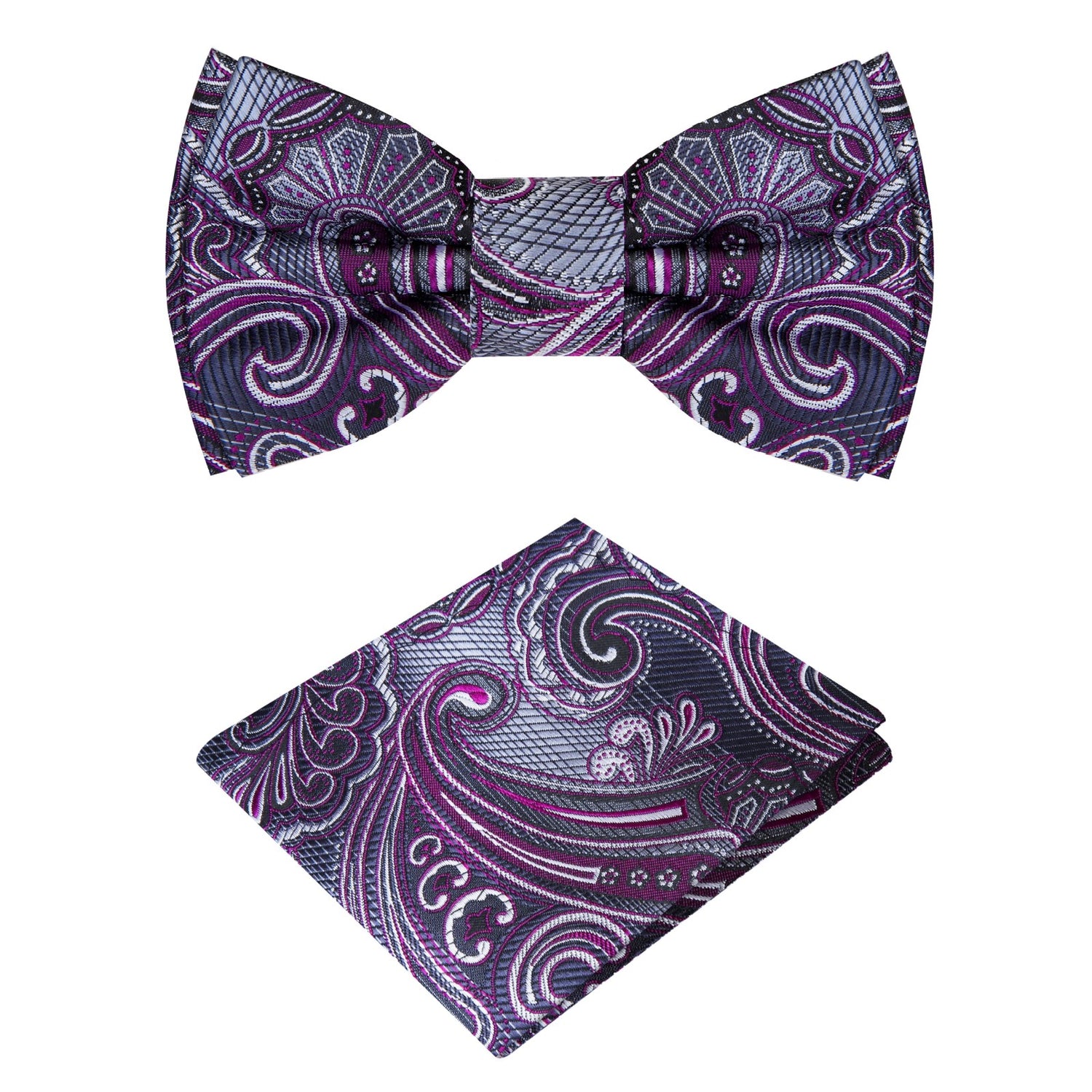 Smokey Grey Purple Paisley Bow Tie and Pocket Square