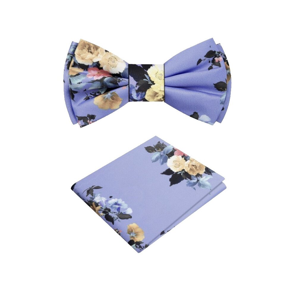 A Indigo, Blue, And Yellow Floral Pattern Silk Self Tie Bow Tie With Matching Pocket Square||Indigo