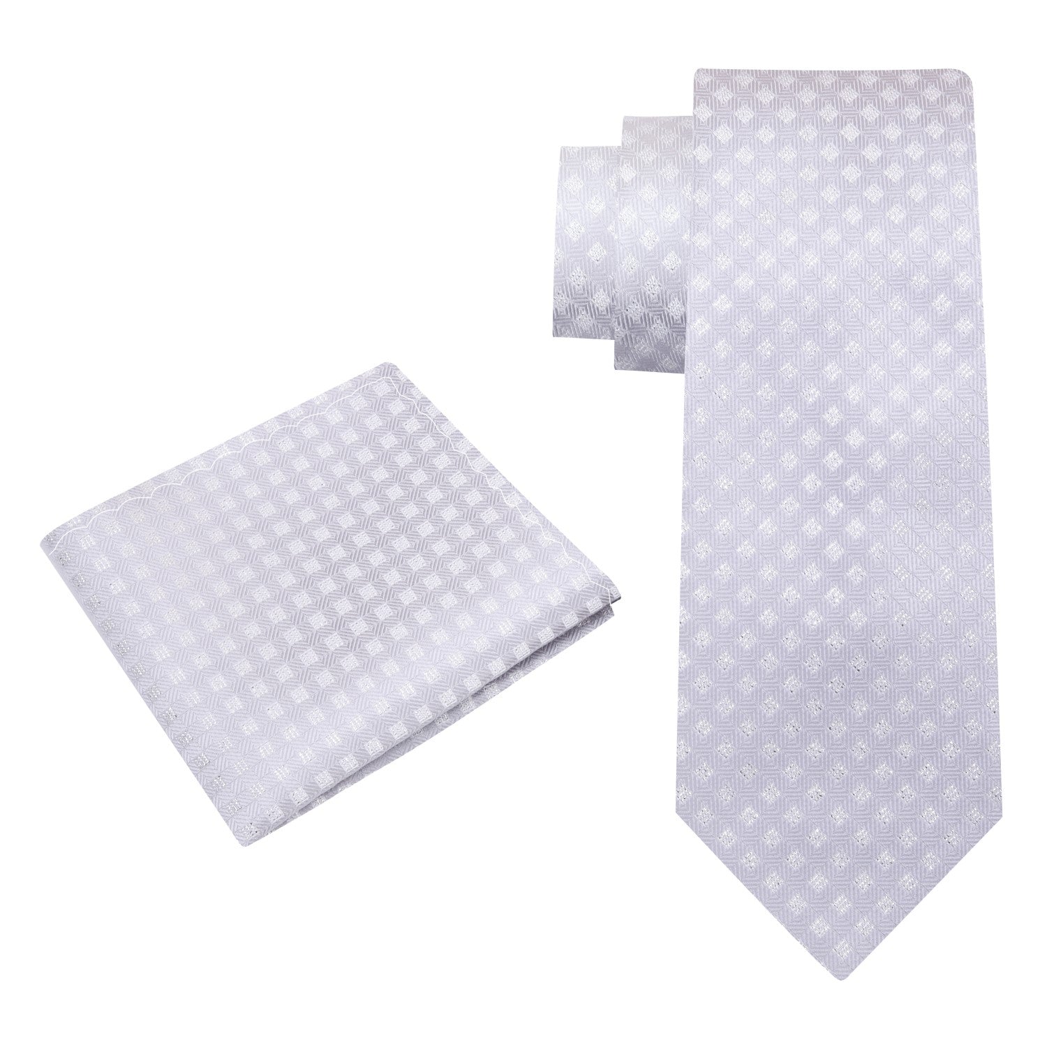 Alt View: A Platinum Colored Tie With Metallic Looking Check Accent Pattern Silk Necktie With Matching Pocket Square