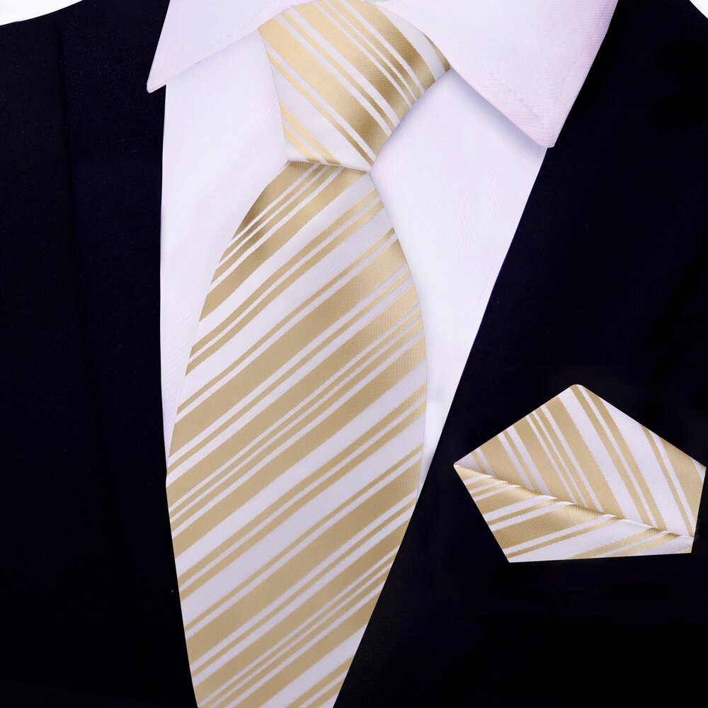 Soft Gold, Pearl Stripe Silk Tie and Pocket Square