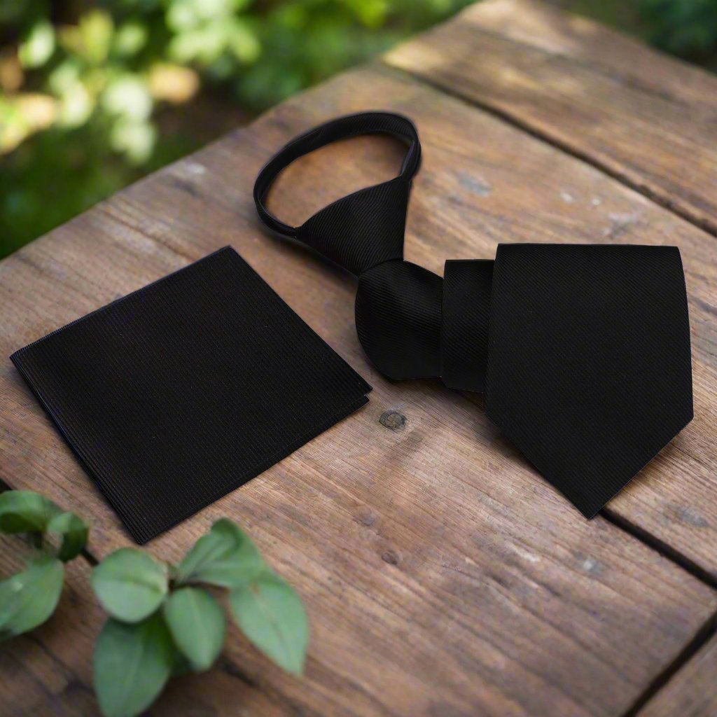 A Solid Black Color With Lined Texture Silk Zipper Necktie, Matching Pocket Square