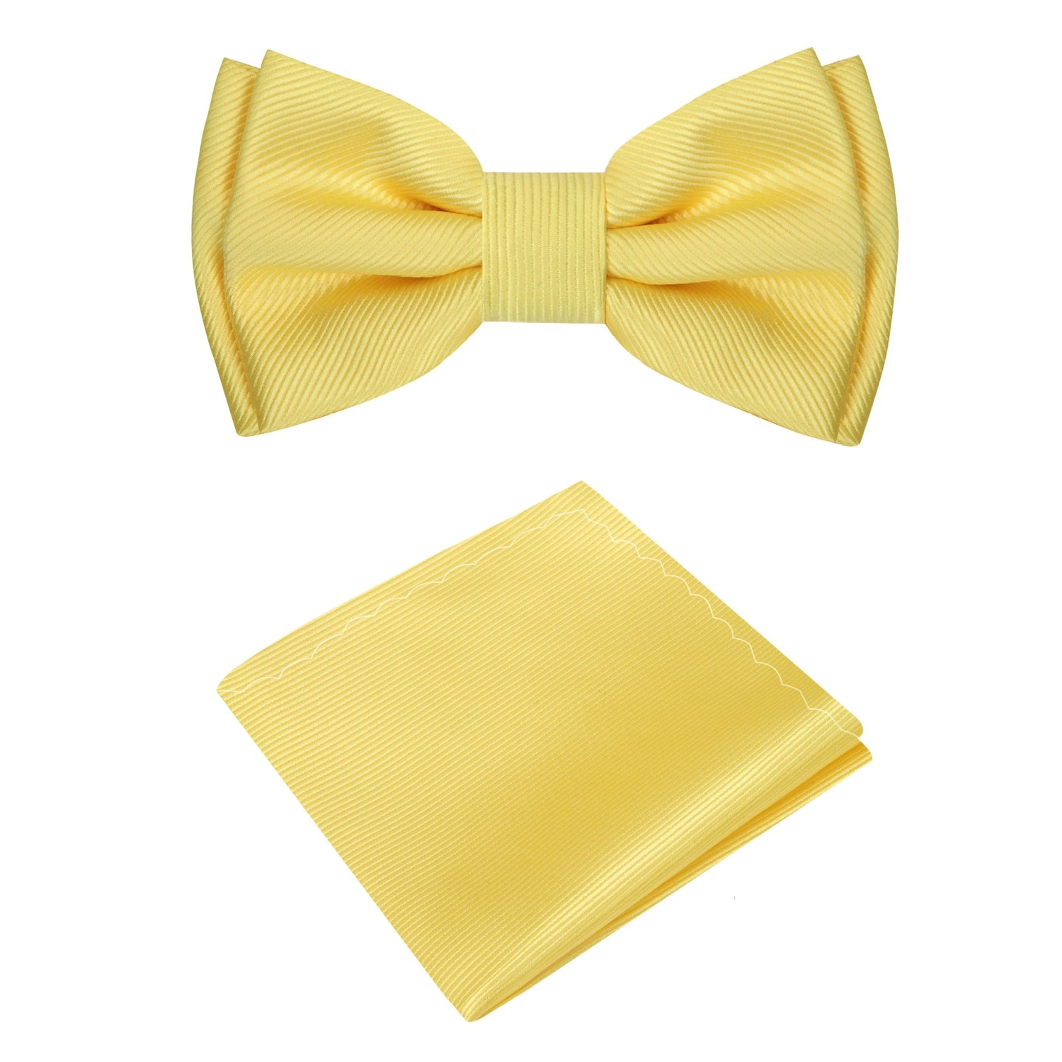 A Yellow Solid Pattern Silk Self Tie Bow Tie, Matching Pocket Square
