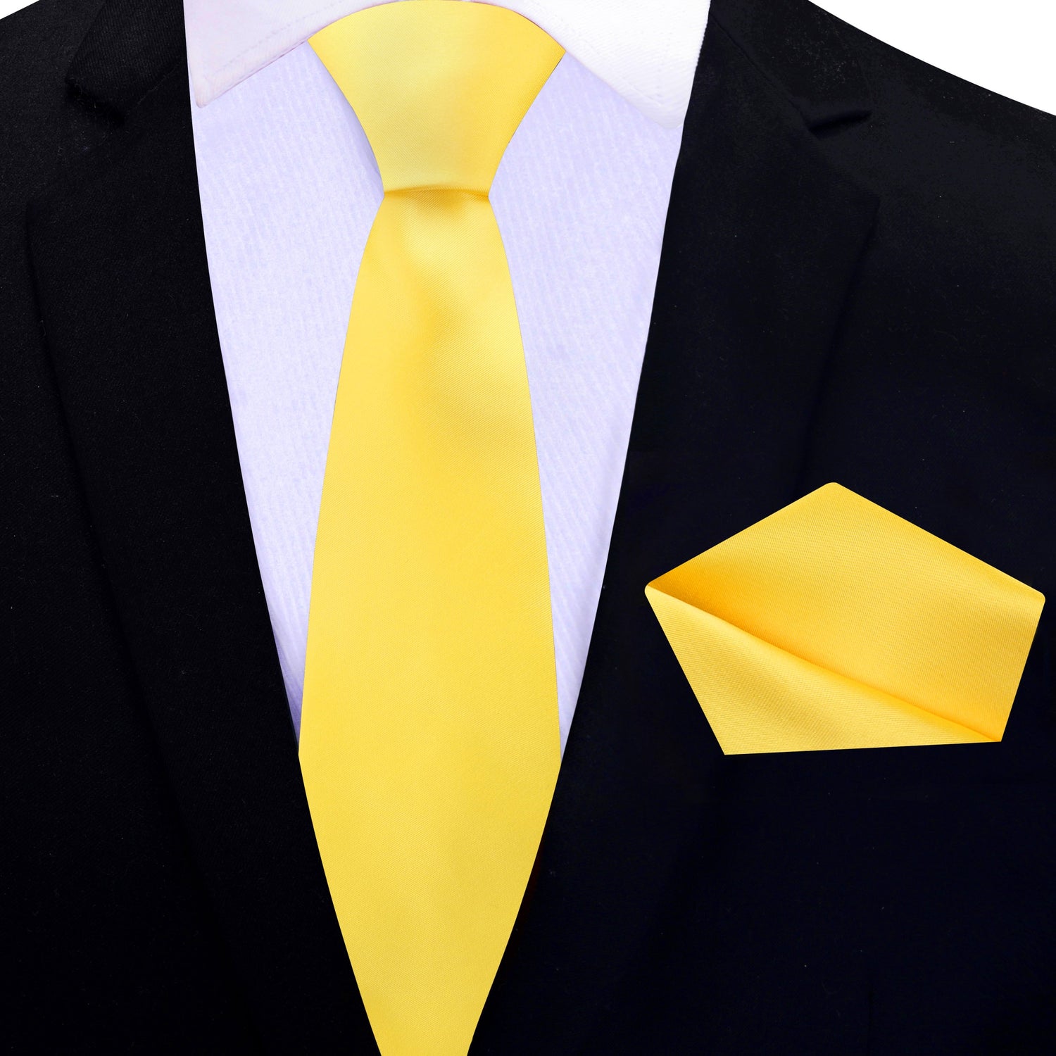 Thin Tie: Solid Glossy Canary Yellow Silk Necktie and Pocket Square