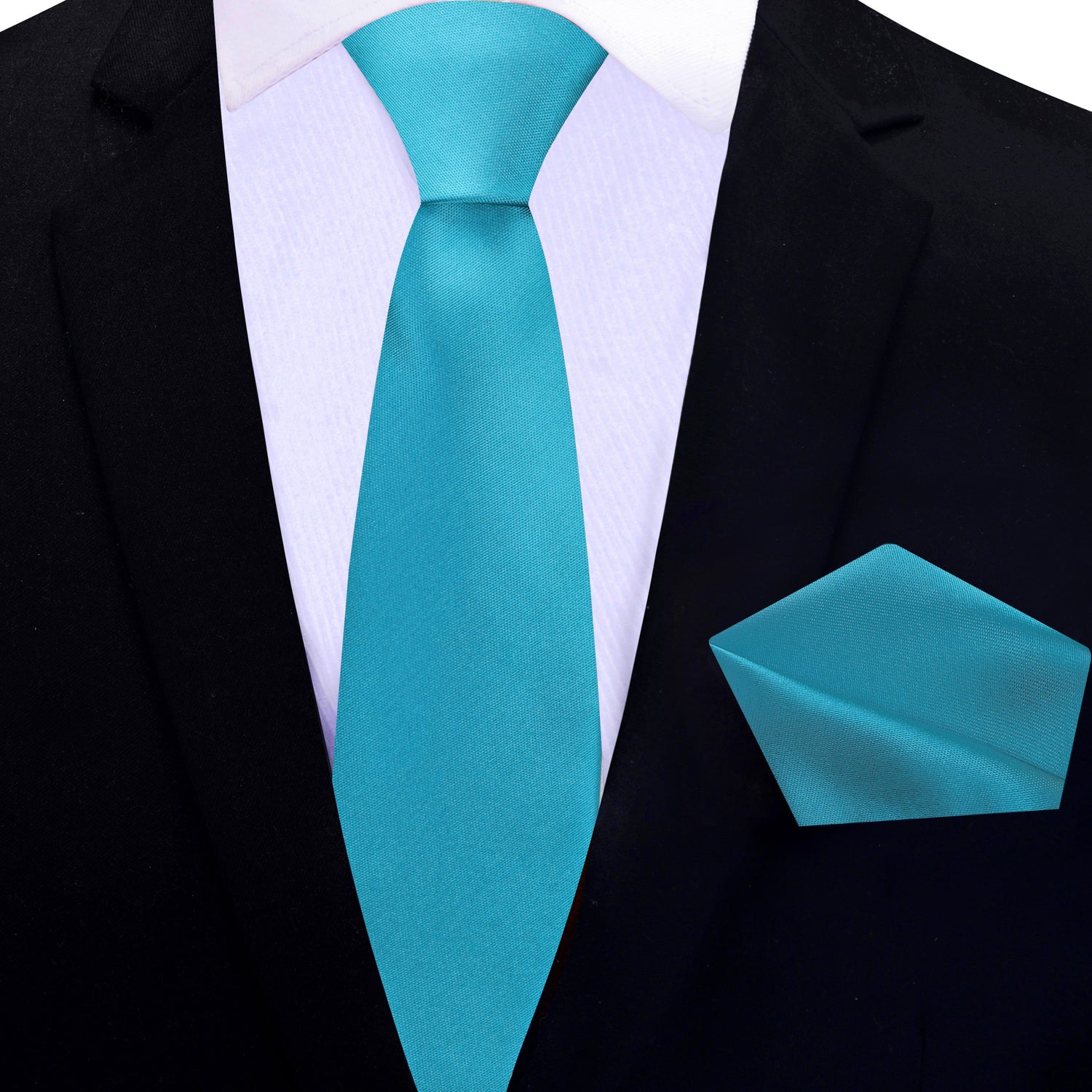 Thin Tie: Solid Glossy Dark Cyan Silk Necktie and Pocket Square