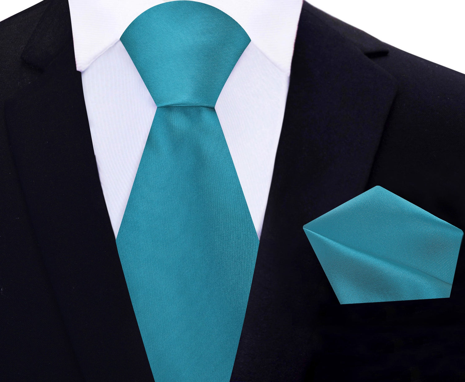 Main View: Solid Glossy Dark Cyan Silk Necktie and Pocket Square