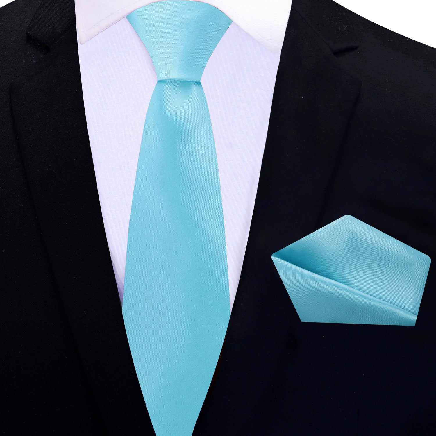 Thin Tie: Iceberg Blue Solid Glossy Silk Necktie and Pocket Square