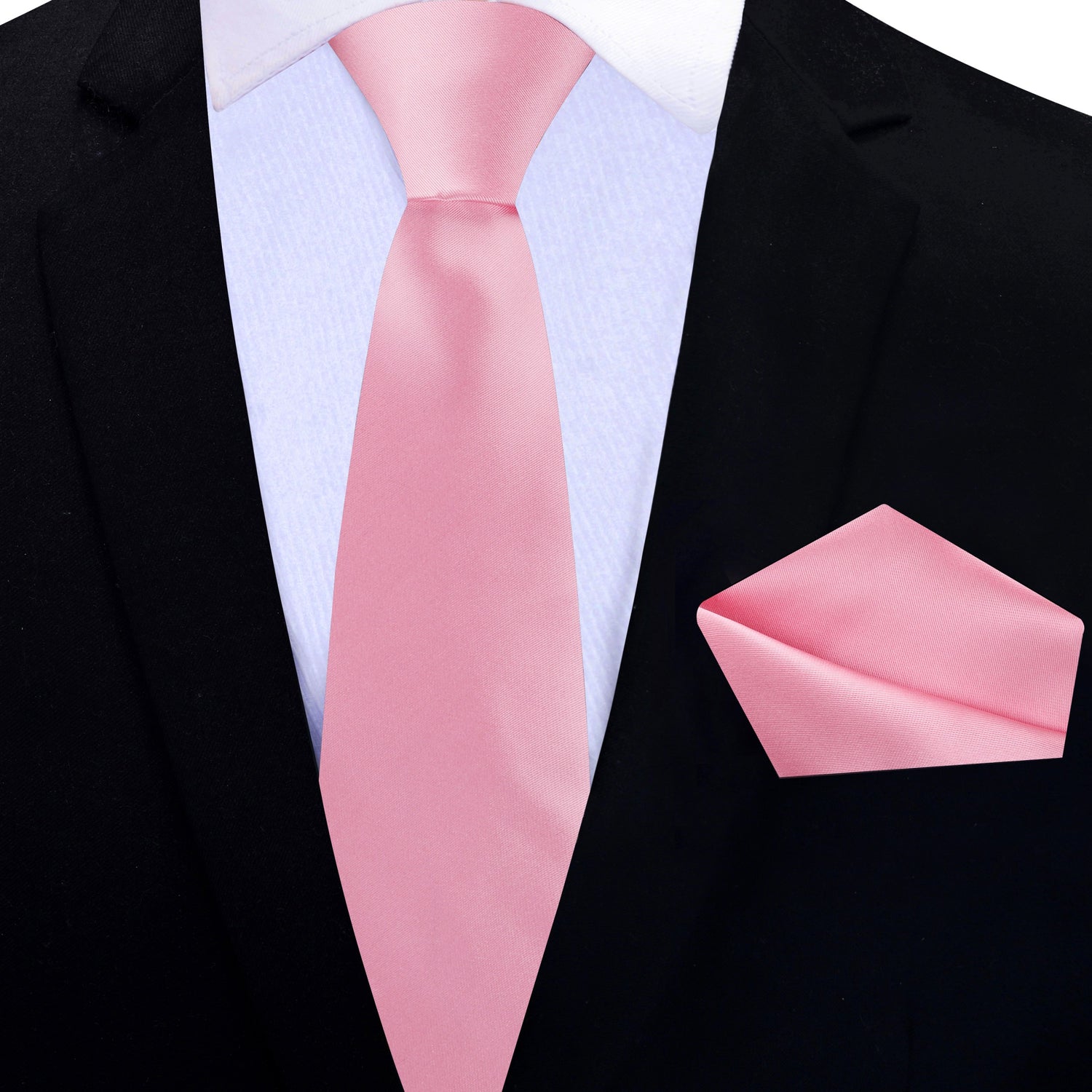 Thin Tie: Solid Glossy Kobi Pink Silk Necktie and Pocket Square