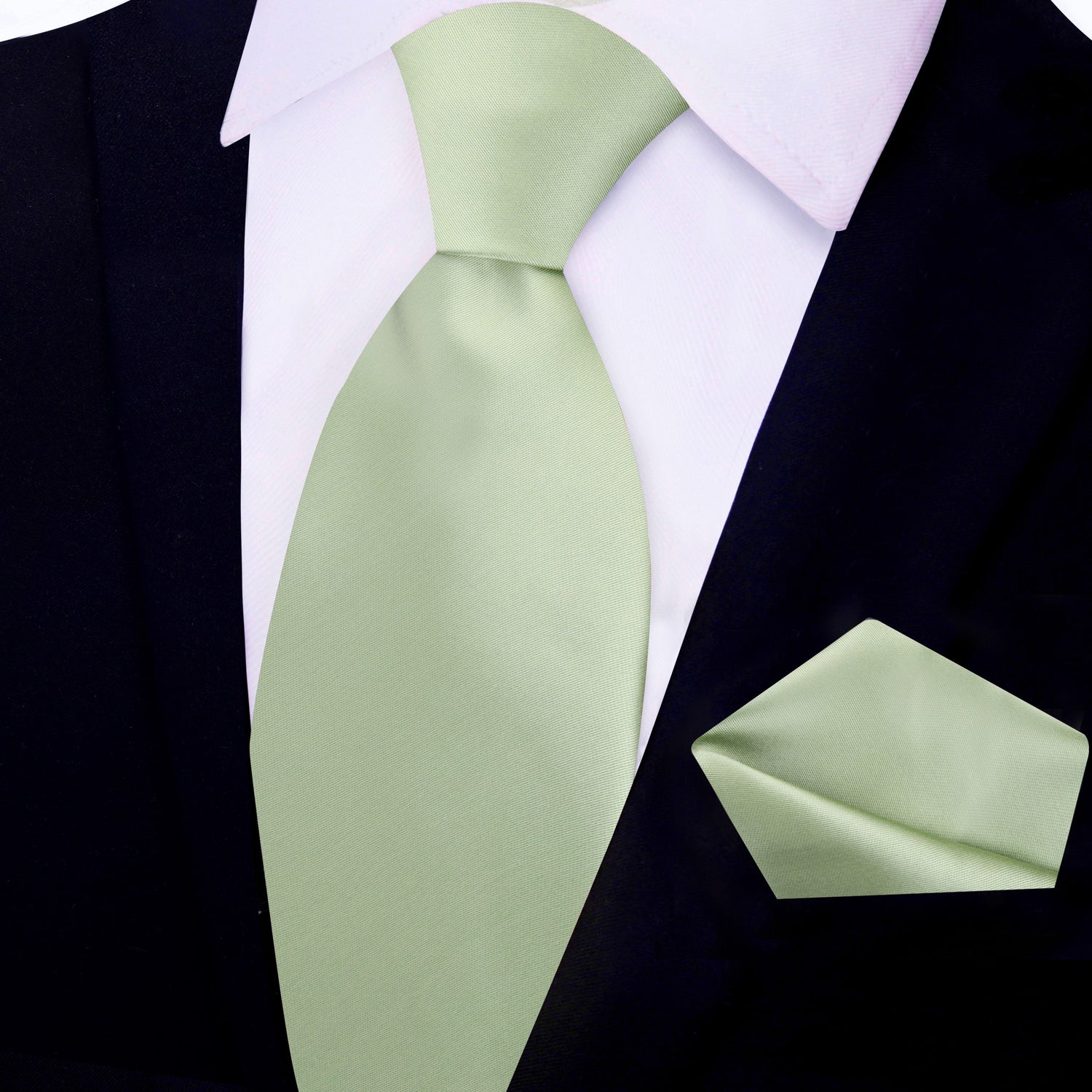 View 2: Solid Glossy Laurel Green Silk Necktie and Pocket Square