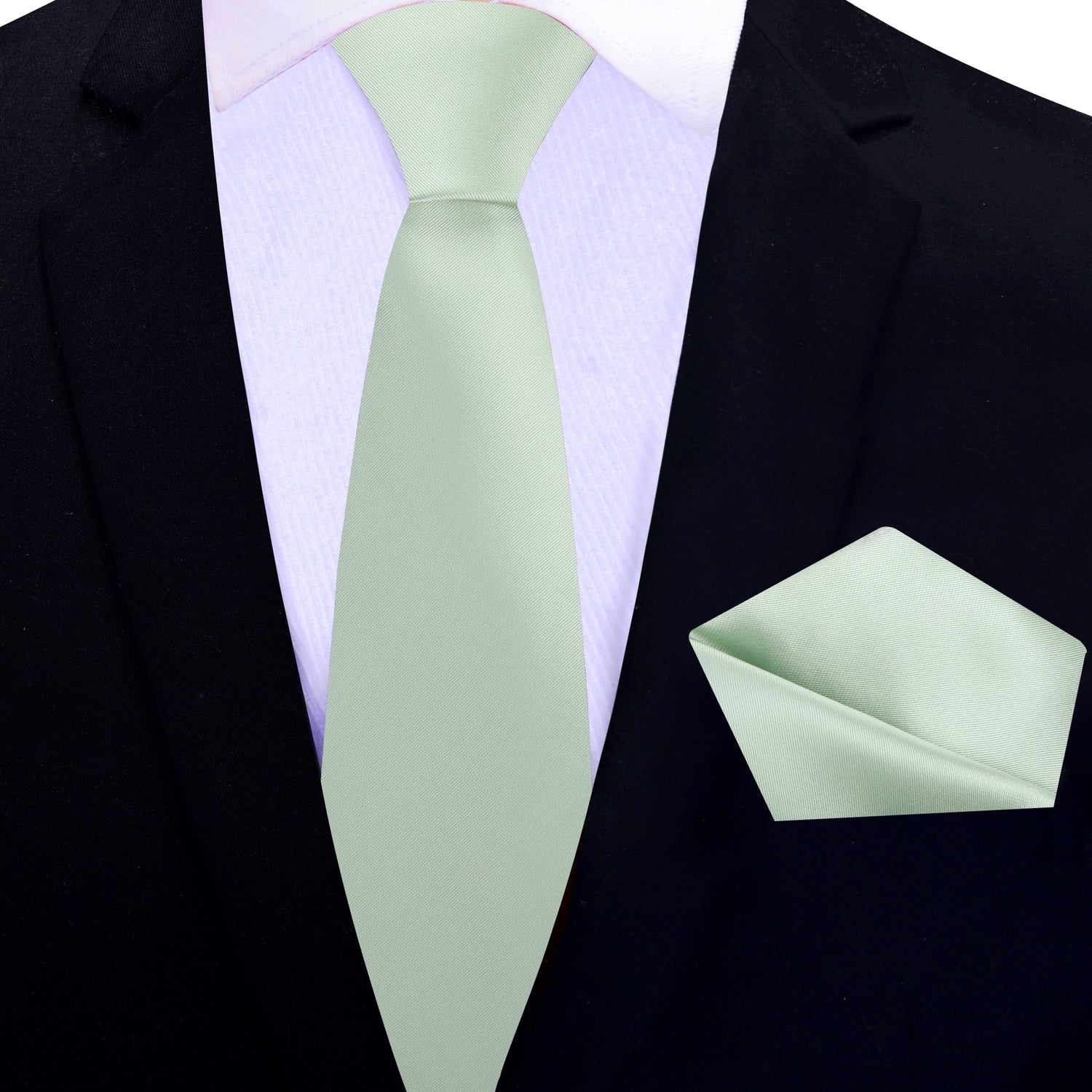 Thin Tie: Solid Glossy Light Sage Silk Necktie and Pocket Square