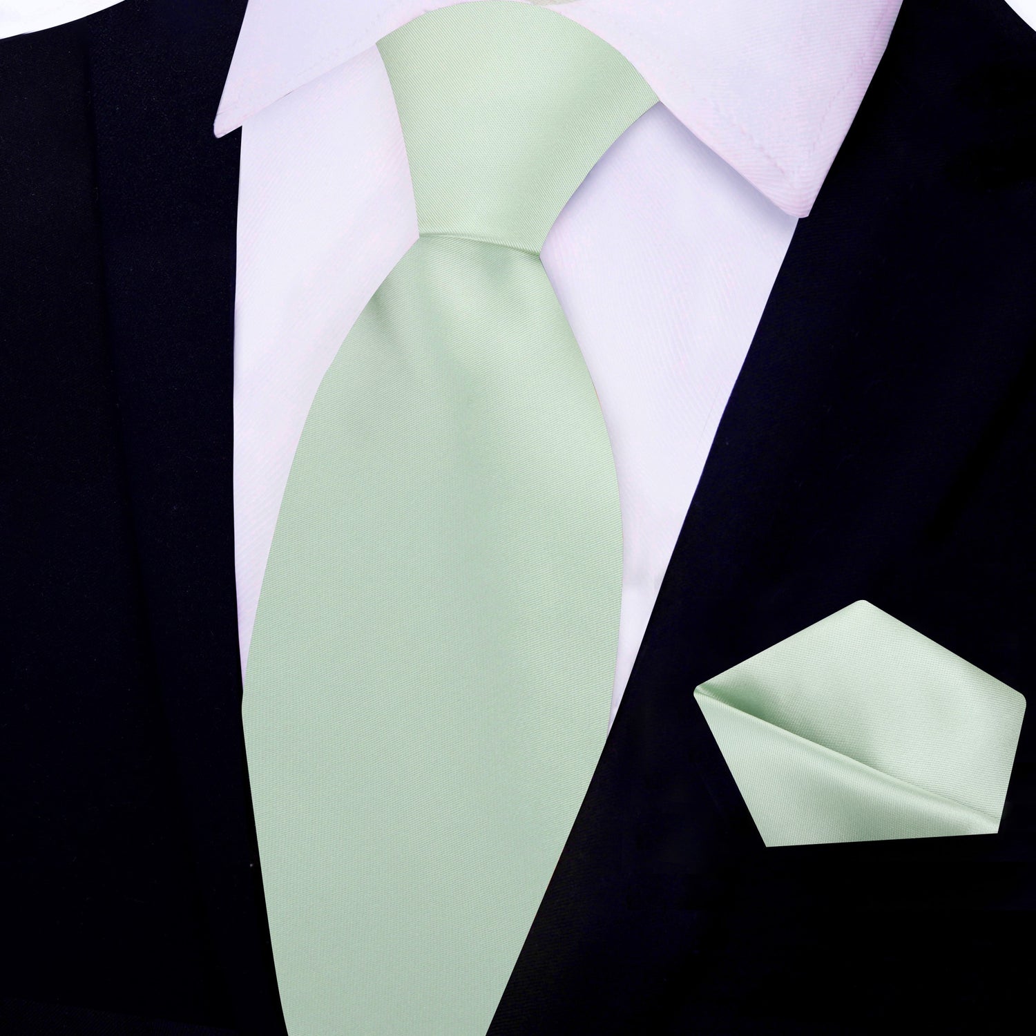 View 2: Solid Glossy Light Sage Silk Necktie and Pocket Square