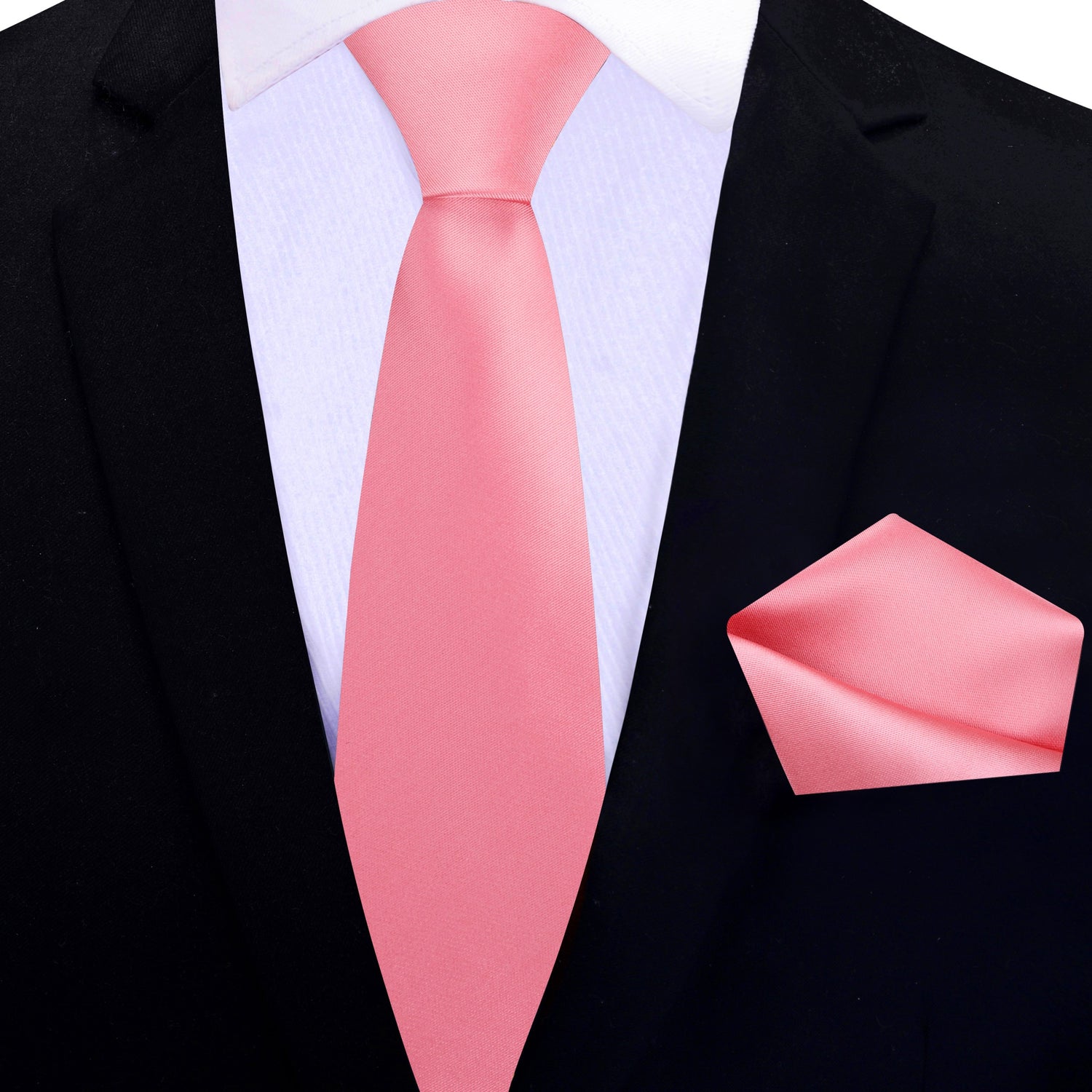 Thin Tie: Solid Glossy Salmon Pink Tie and Pocket Square
