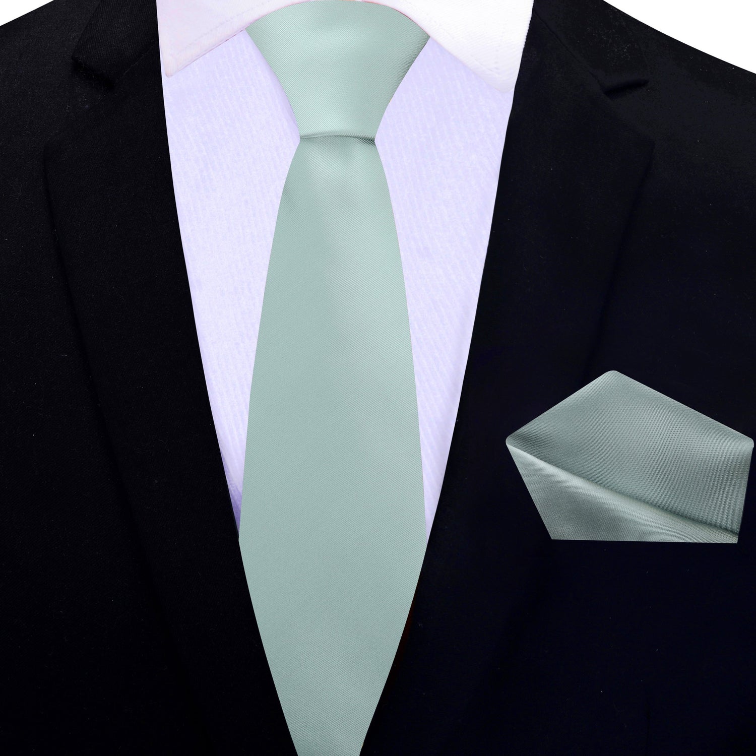 Thin Tie: Main View: Solid Glossy Viridian Green Silk Necktie and Pocket Square