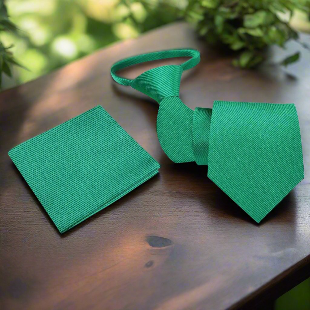 Solid Green Lined Zipper Tie and Pocket Square