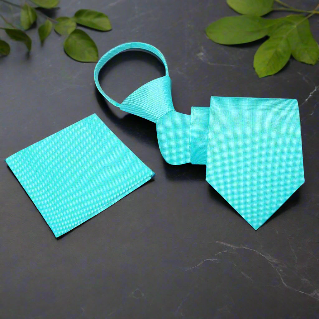 Solid Mint Check Zipper Tie and Pocket Square