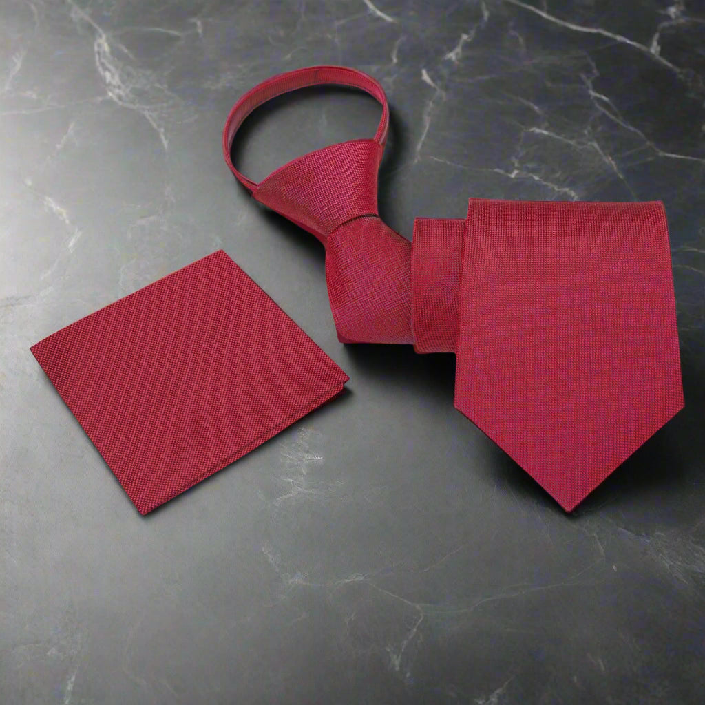  A Deep Red Check Zipper Necktie, Pocket Square