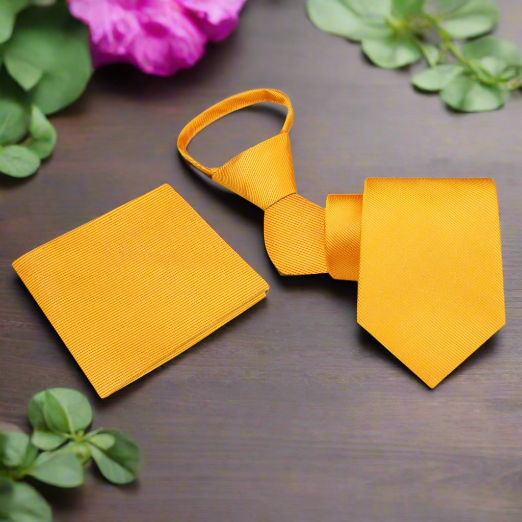 Solid Rich Yellow Lined Zipper Tie and Pocket Square