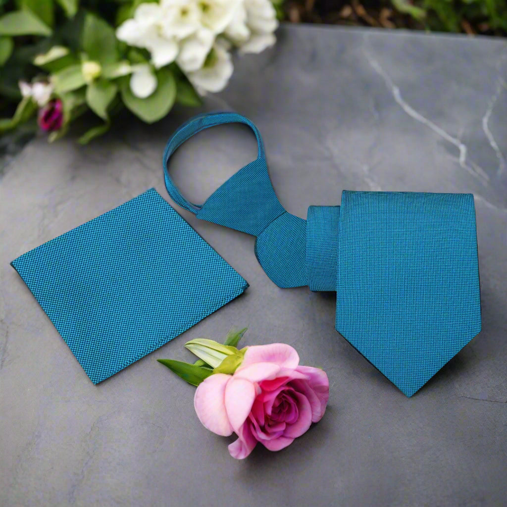 Solid Teal Check Zipper Tie and Pocket Square