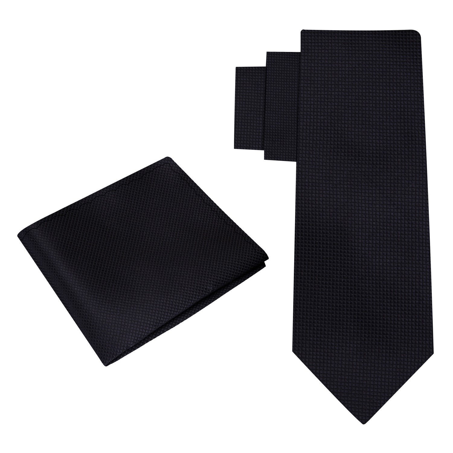 Alt View: A Solid Black With Check Texture Pattern Silk Necktie, Matching Pocket Square