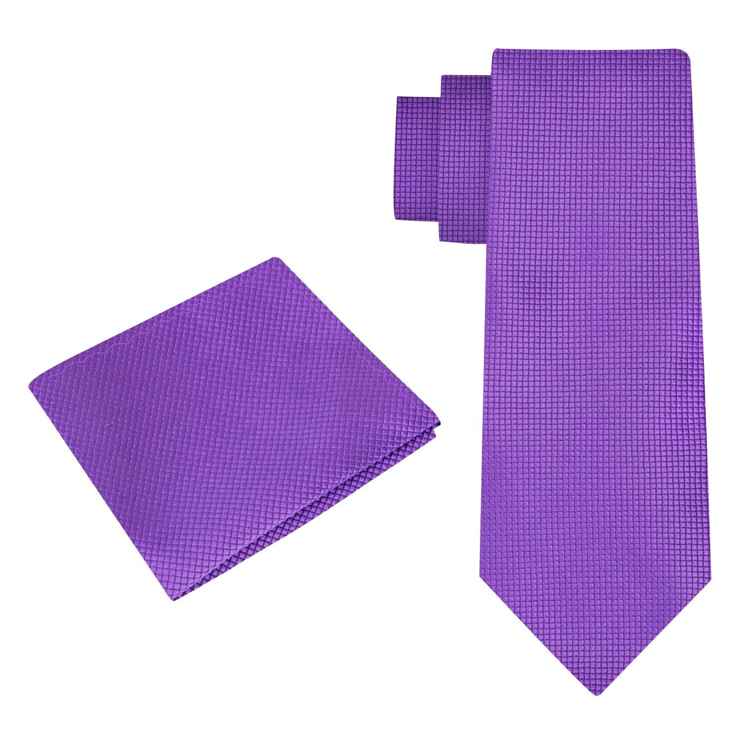 Alt View: A Solid Purple With Check Texture Pattern Silk Necktie, Matching Pocket Square