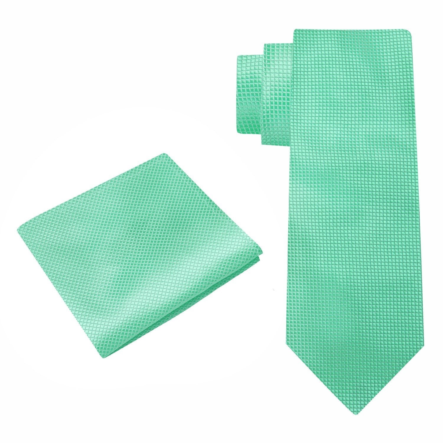 Alt View: A Solid Mint With Check Texture Pattern Silk Necktie, Matching Pocket Square