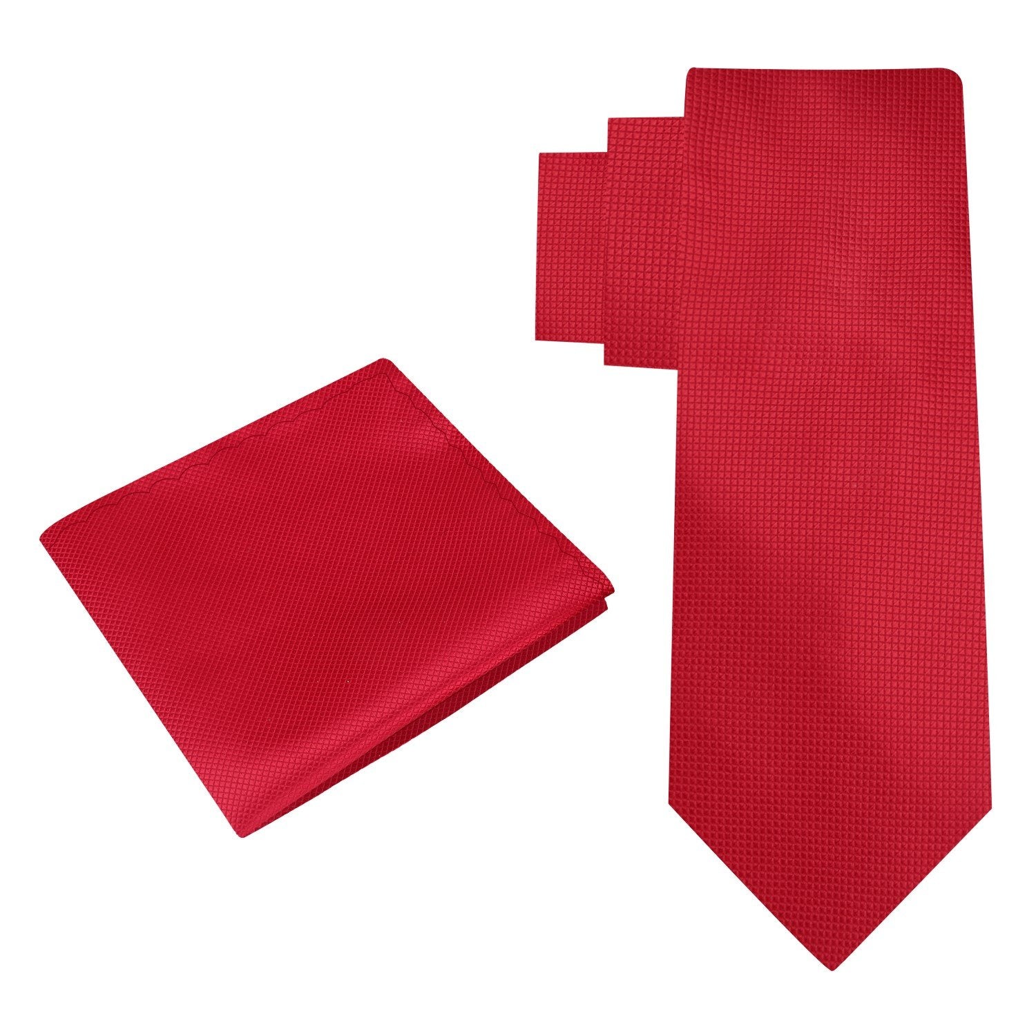 Alt View: A Solid Red With Check Texture Pattern Silk Necktie, Matching Pocket Square